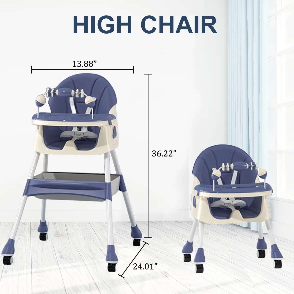 EONROACOO Baby Highchair with 5-point Snap Button, High Chair for Babies with Double-Layer Tray and Toys, Blue