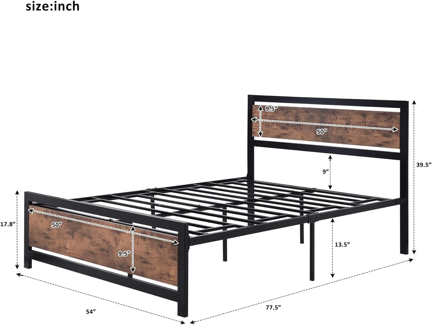 Full Size Bed Frame With Woode Headboard Ad Footboard, Metal Full Bed Frame For Kids ,Full Platform Bed Frame With Strog Steel Slats Support , o Box Sprig eeded , Easy Assembly ,Black