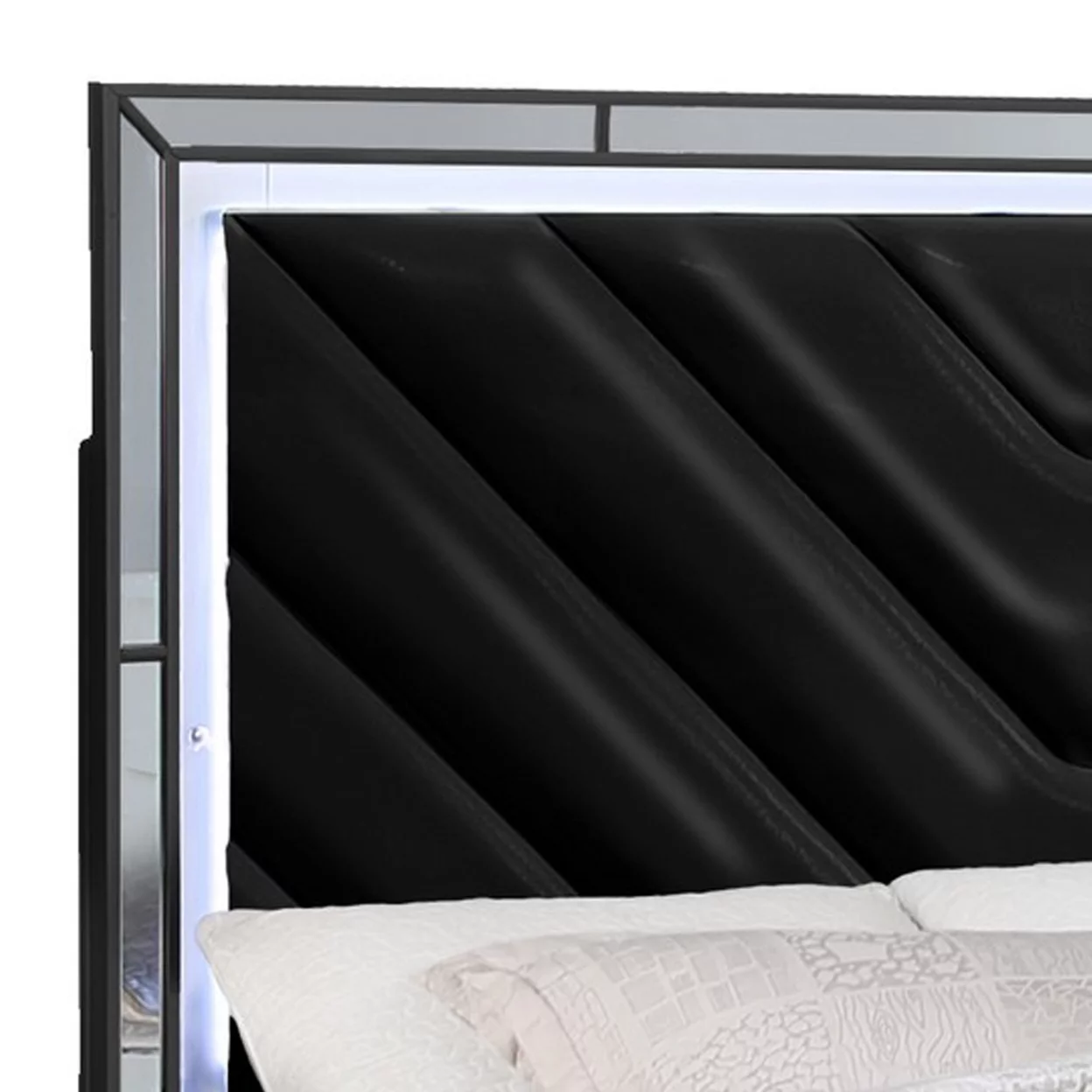 Koi Pine Wood Queen Bed, Velvet Upholstered, V Channel Tufting, Black, Saltoro Sherpi