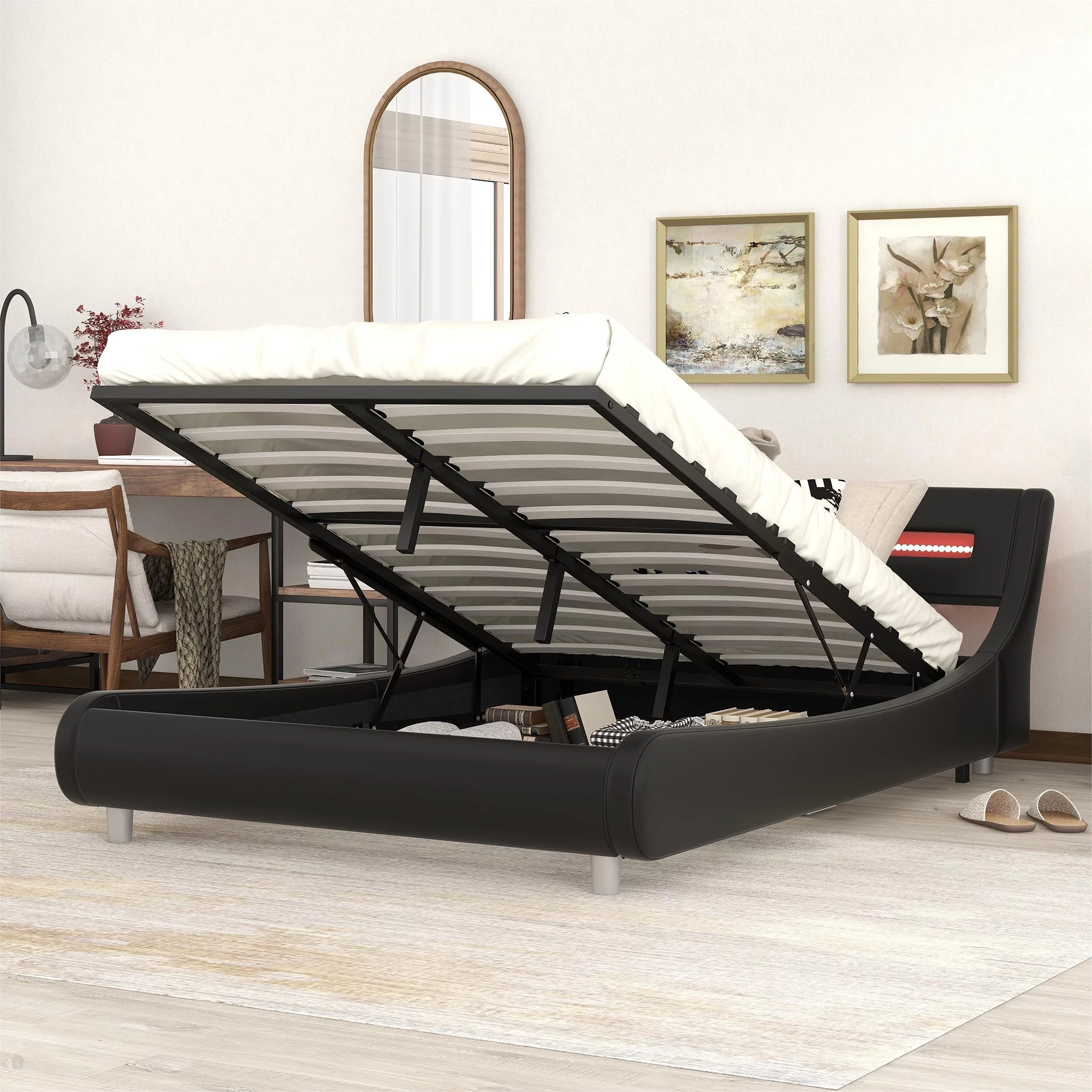 EUROCO Full Size Upholstery Platform Bed with Easy Lift up Underbed Storage and LED Light Headboard for Living Room, Black