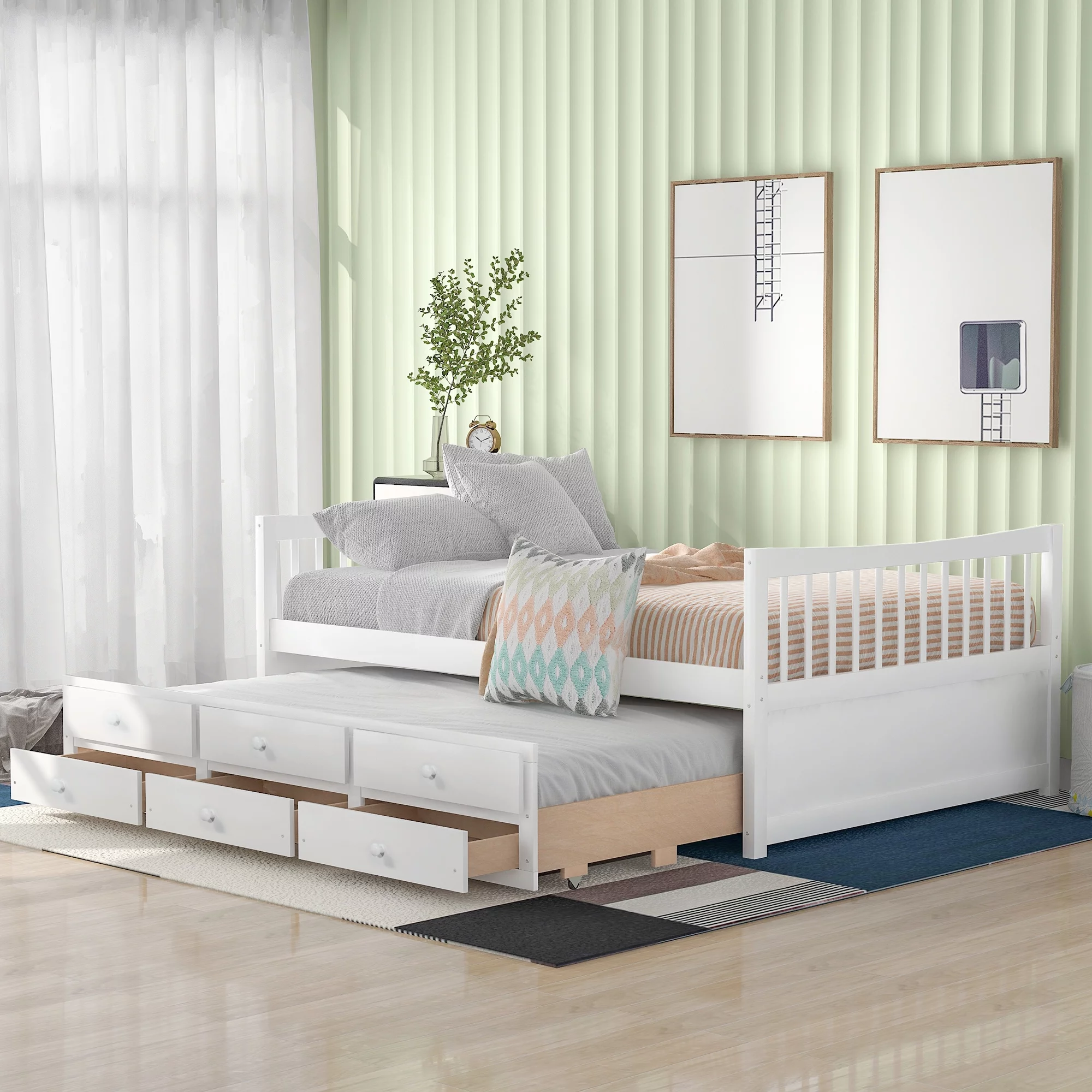 Docooler Full size Daybed with Twin size Trundle and Drawers, Full Size, White,Overall Product Dimension: 79.5