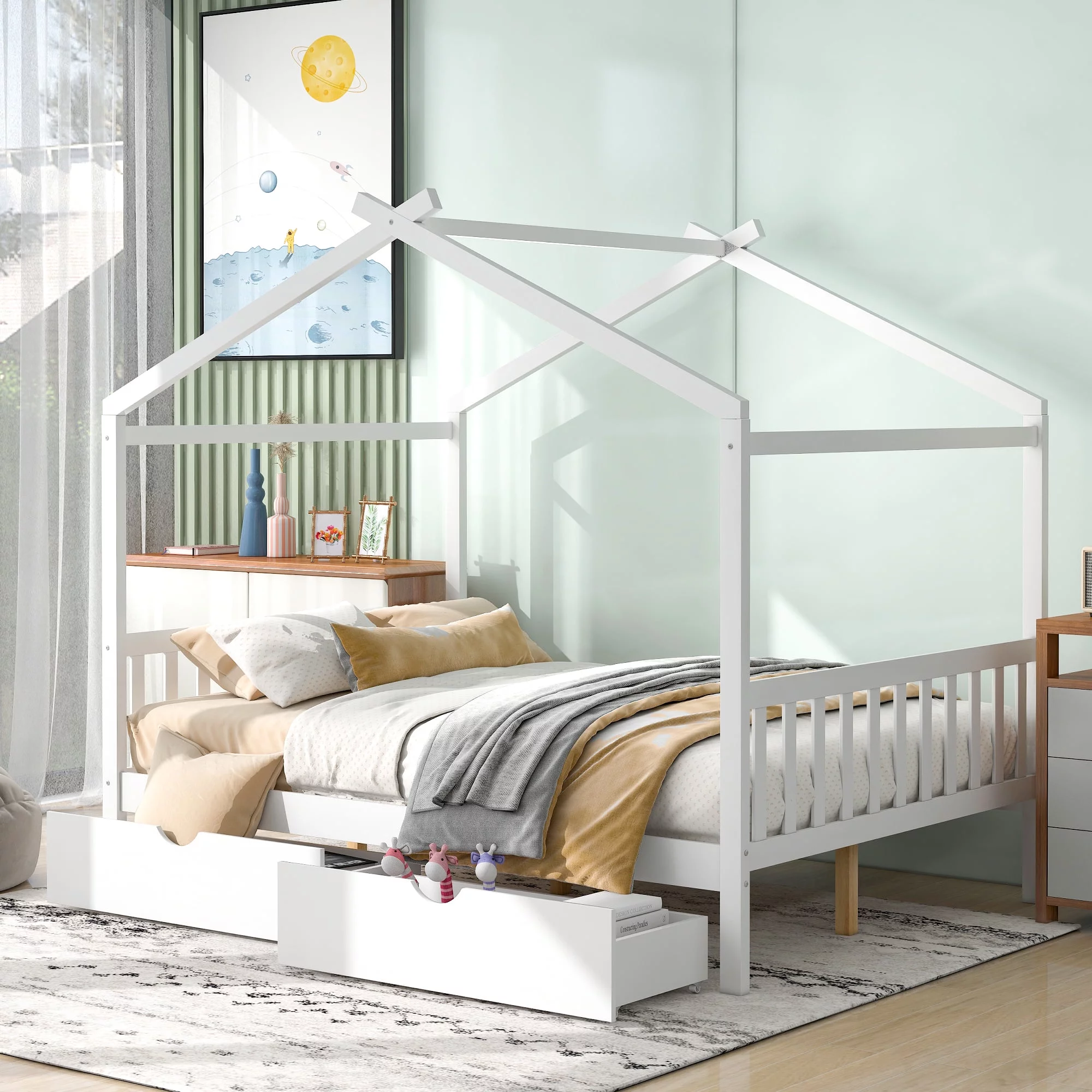 Leadzm Full Size House Platform Bed with Two Drawers,Headboard and Footboard,Roof Design,White
