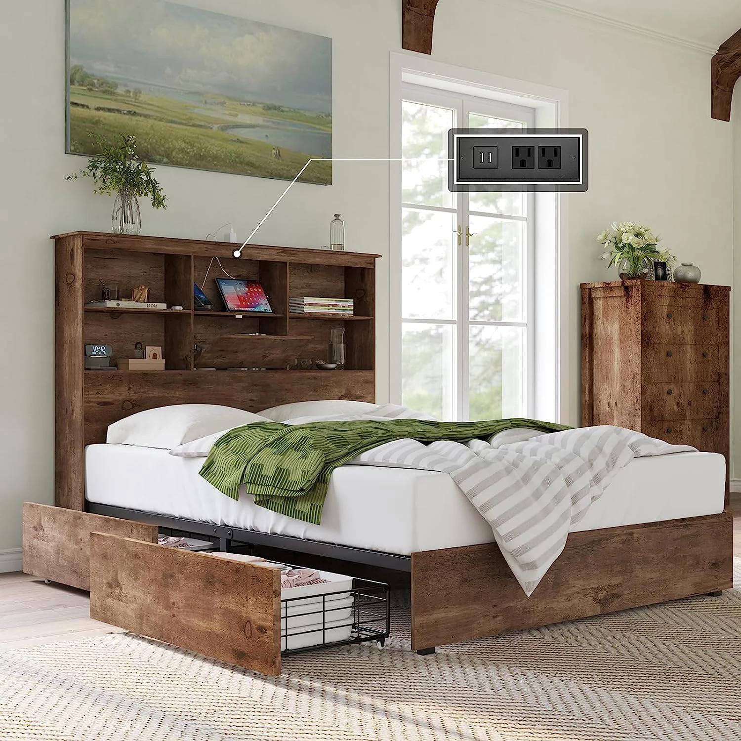 AMERLIFE Full Size Bed Frame Wooden Platform Bed with 51.2 Storage Bookcase Headboard, 4 Storage Drawers & Charging Station/No Box Spring Needed/Noise Free/Rustic Brown