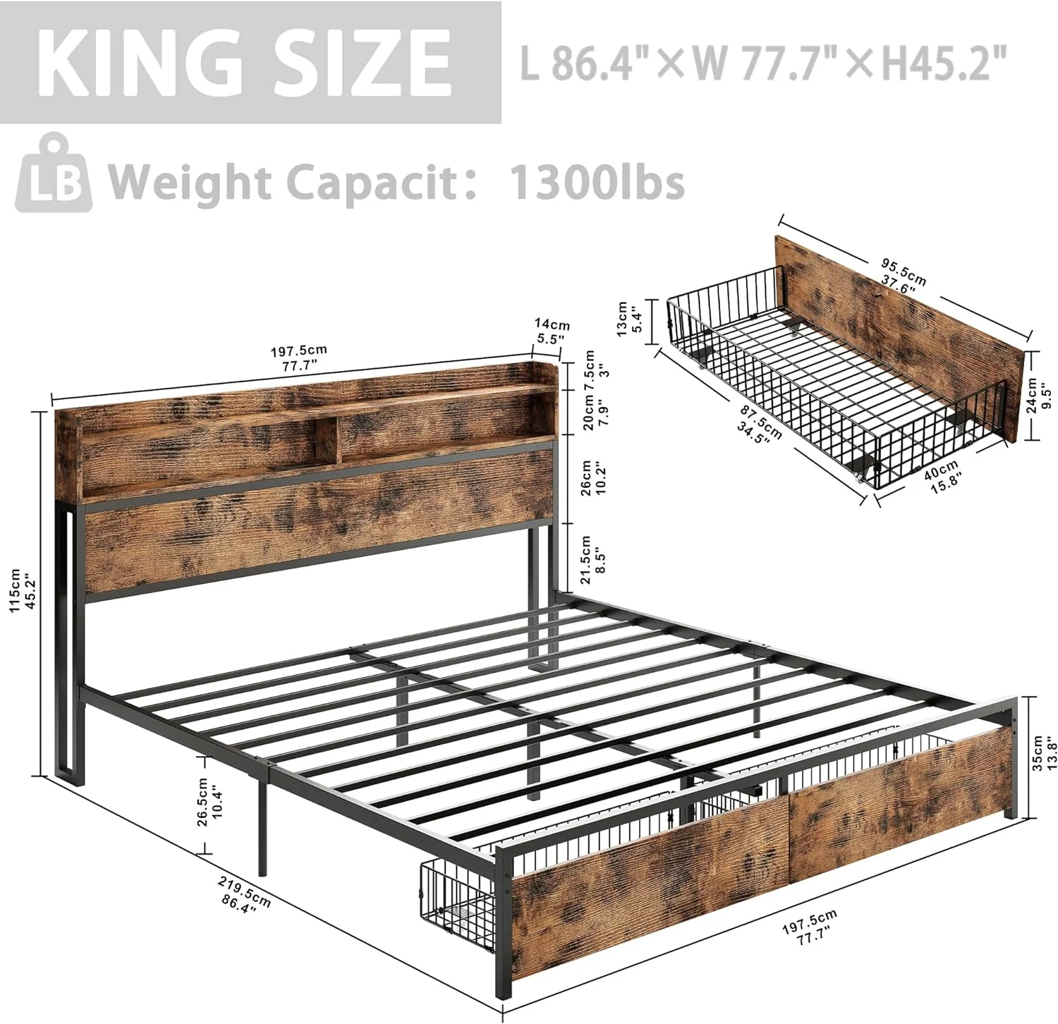 JIAH Full Size Bed Frame with Bookcase Headboard & Drawer & Charging Station,Sturdy Metal Platform Bed, No Noise, No Box Spring Needed, Vintage Brown