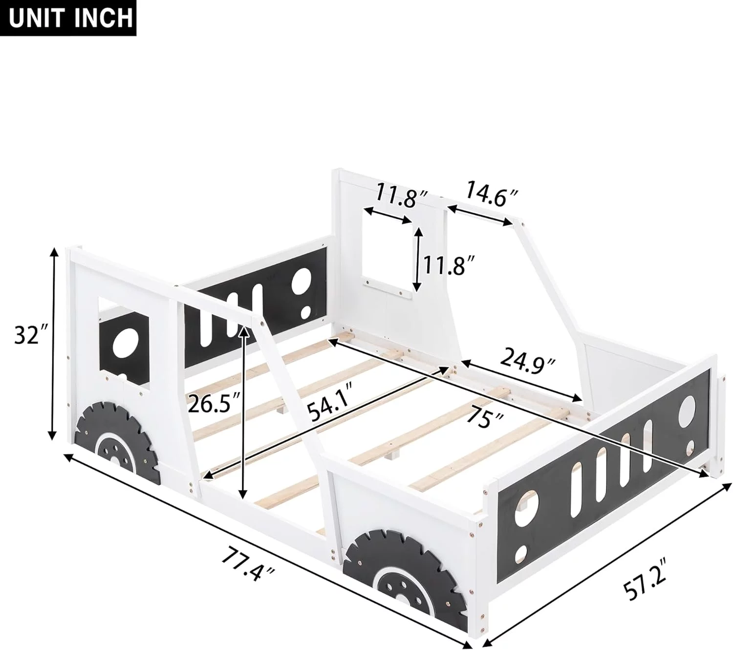 Car Bed Full Size Montessori Floor Bed Frame With Fence And Door, Solid Wood Full Platform Bed For Kids Boys Girls, No Box Spring Needed (White)