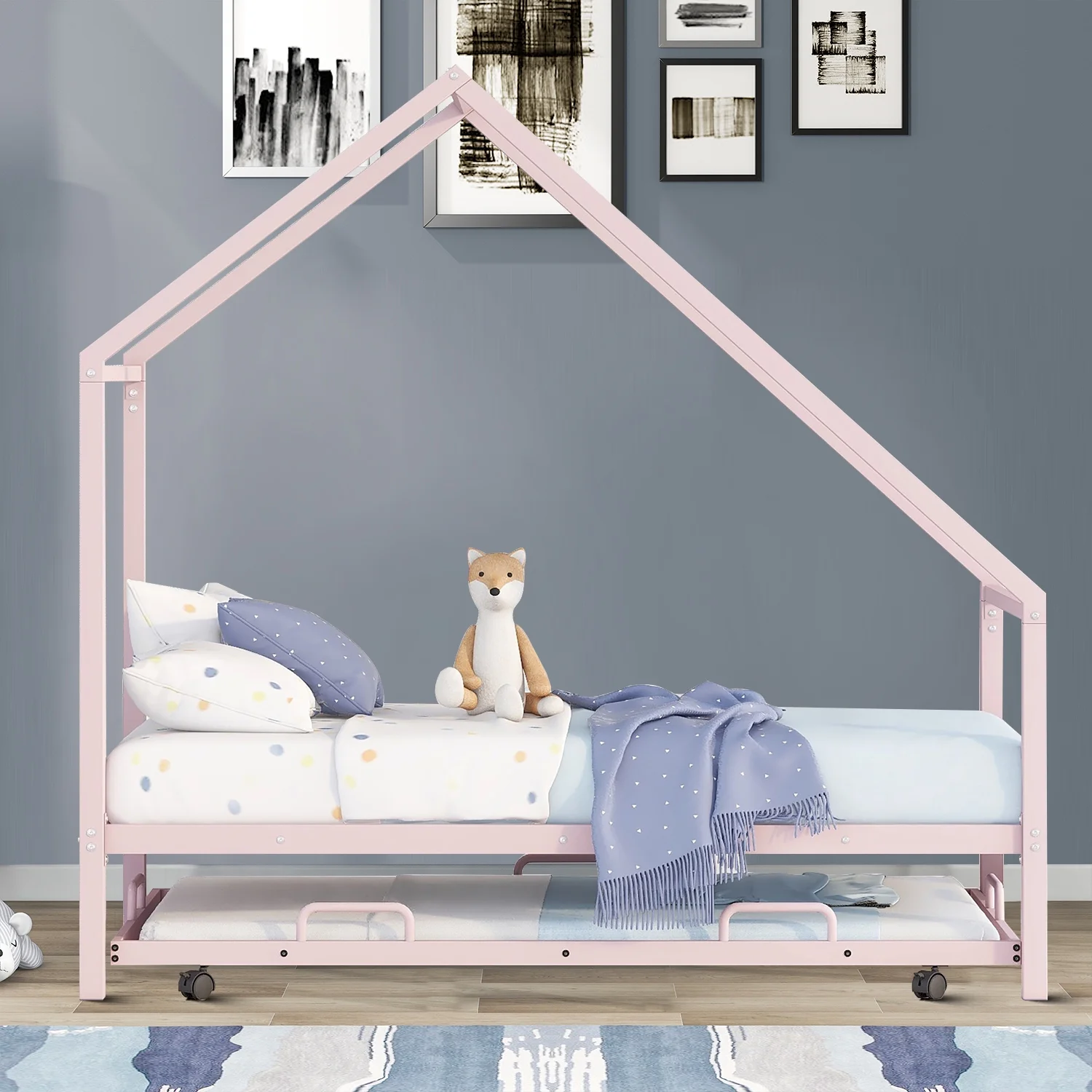 Minimalist Twin Size Metal Frame House Bed with A Trundle, Pink