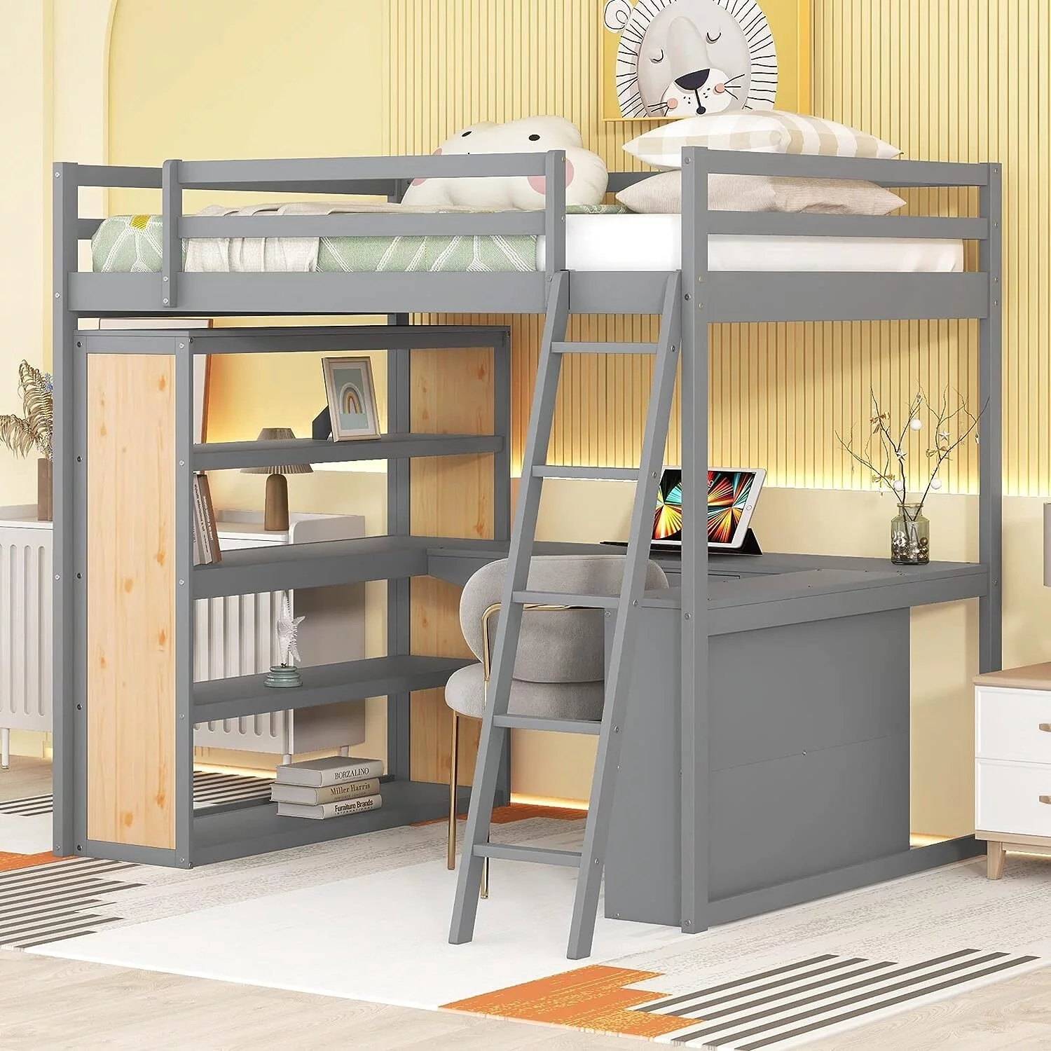 Momspeace Full Size Loft Bed with Ladder, Shelves, and Desk, White - Gray