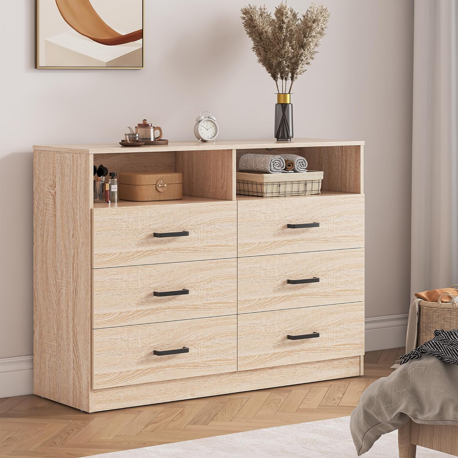 RUNFAYBIU Wood Dresser for Bedroom 6 Drawer Dresser with Open Cubby Double Chest of Drawers for Living Room Entryway Light Oak