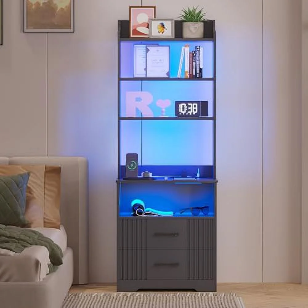 TJUNBOLIFE Nightstand   Nightstand with Charging Station and LED Lights  Smart Night Stand with Bookshelf  Modern Bedside Tables with  Cabinet for Bedroom  Human Sensor   Grey