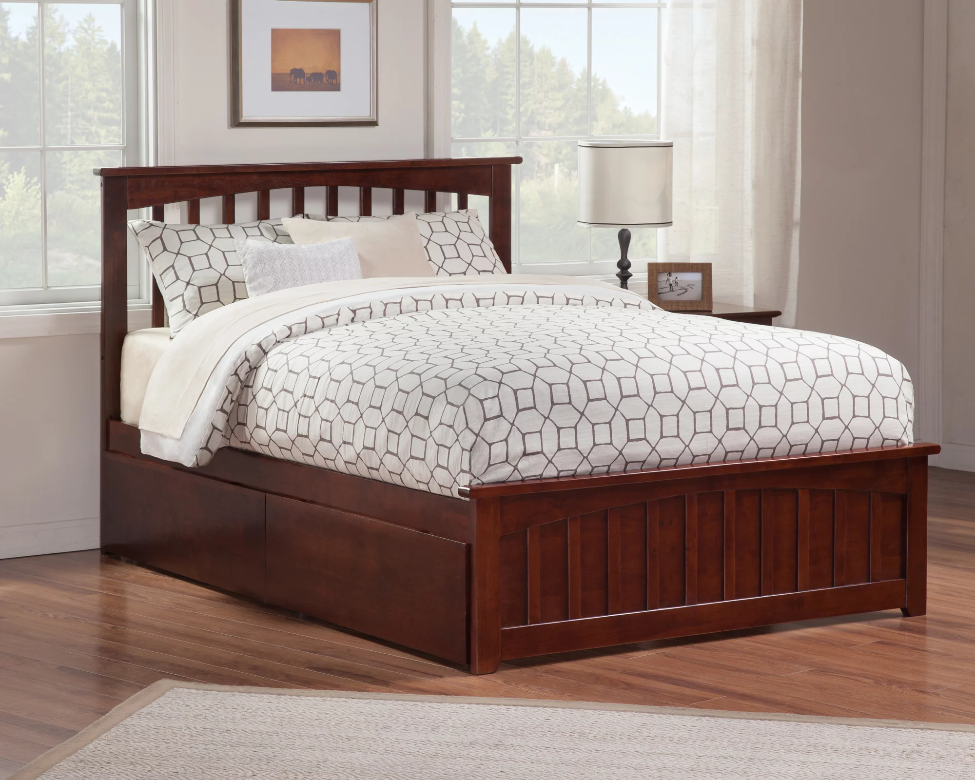 Mission Queen Platform Bed with Matching Foot Board with 2 Urban Bed Drawers in Walnut