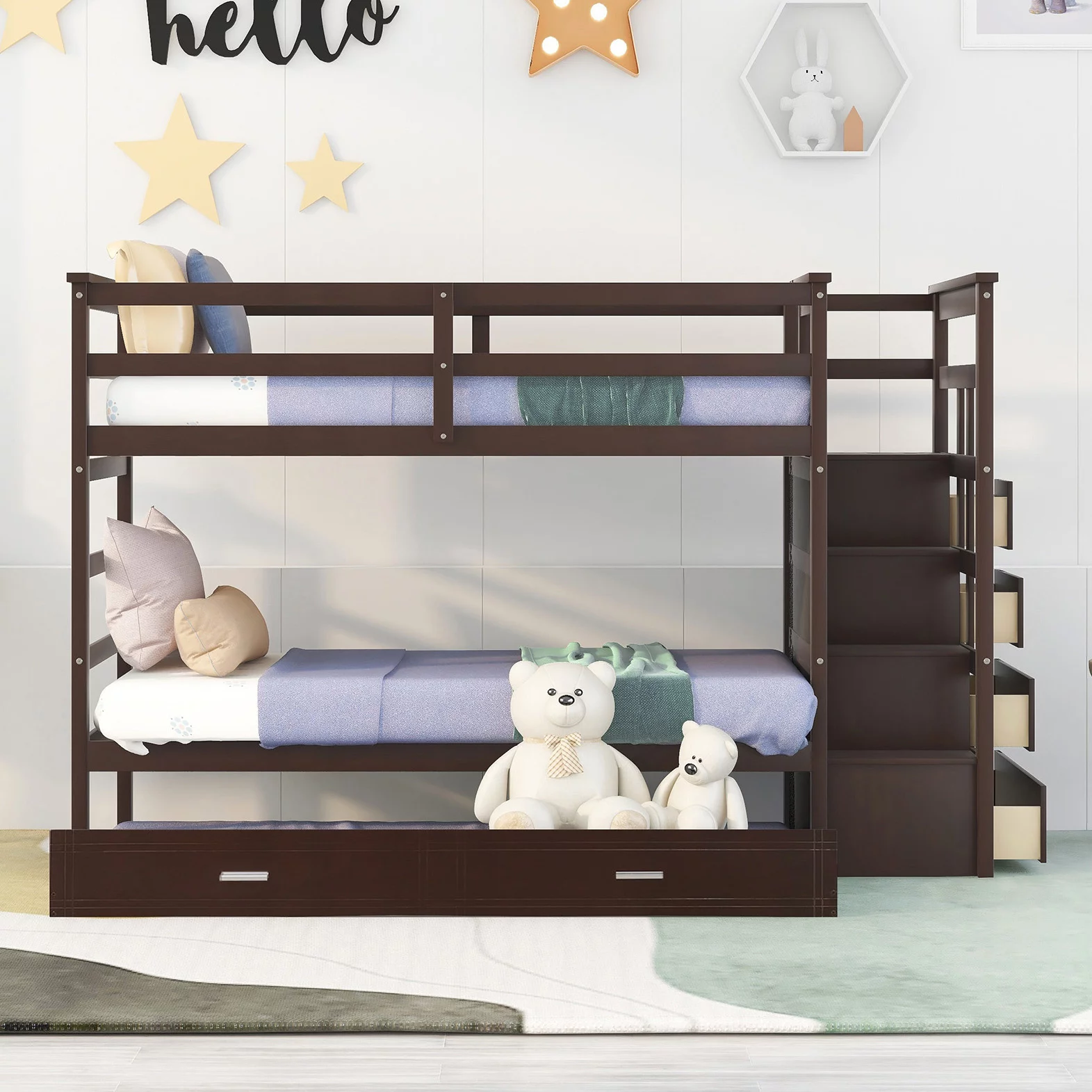 Bellemave Bunk Bed with Trundle and Stairs, Solid Wood Twin Over Twin Bunk Bed with 4 Storage Drawers for Kids Teens Adults (Espresso)