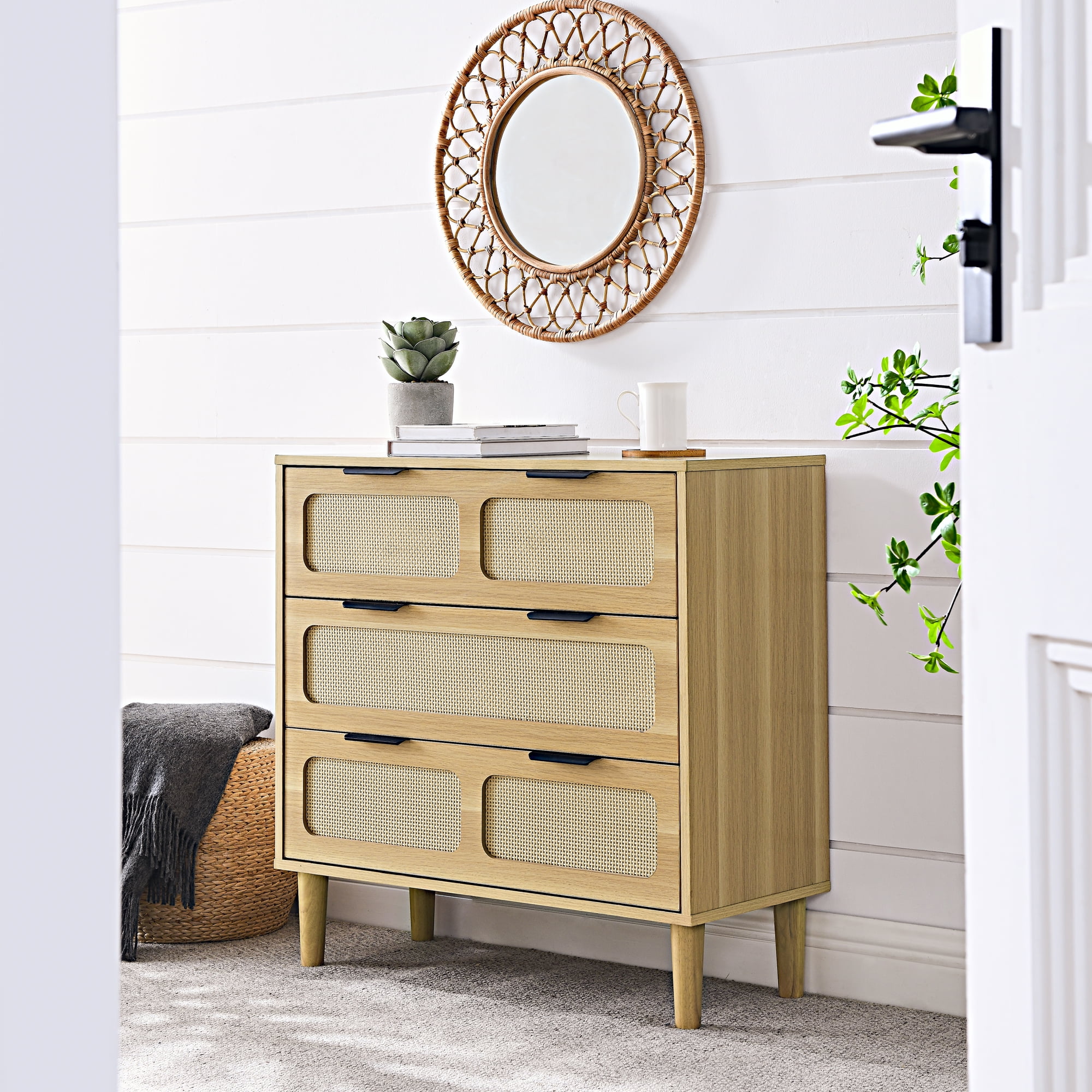 3 drawer dresser, modern rattan dresser cabinet with wide drawers and metal handles, farmhouse wood storage drawer chest for bedroom, living room, hallway, entrance
