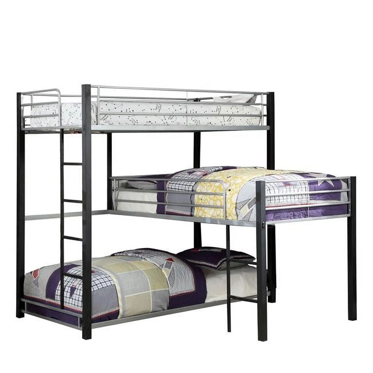 74 x 78 x 79 in. 3 Tier Industrial Style Twin Bunk Bed with Corner Design, Black & Gray