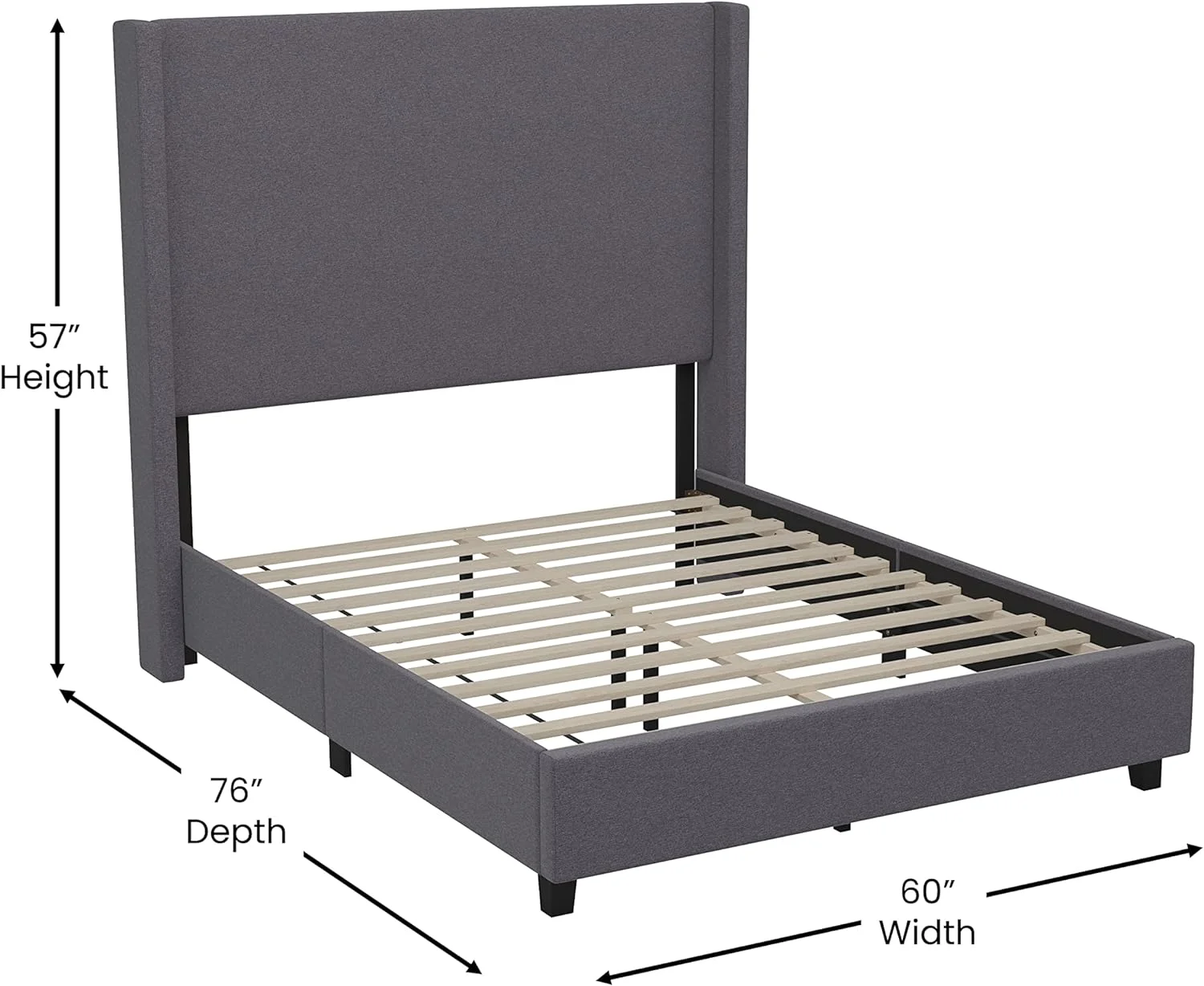 Nora Full Size Faux Linen Upholstered Platform Bed In Gray With Plush Padded Wingback Headboard And Wood Support Slats - No Box Spring Needed