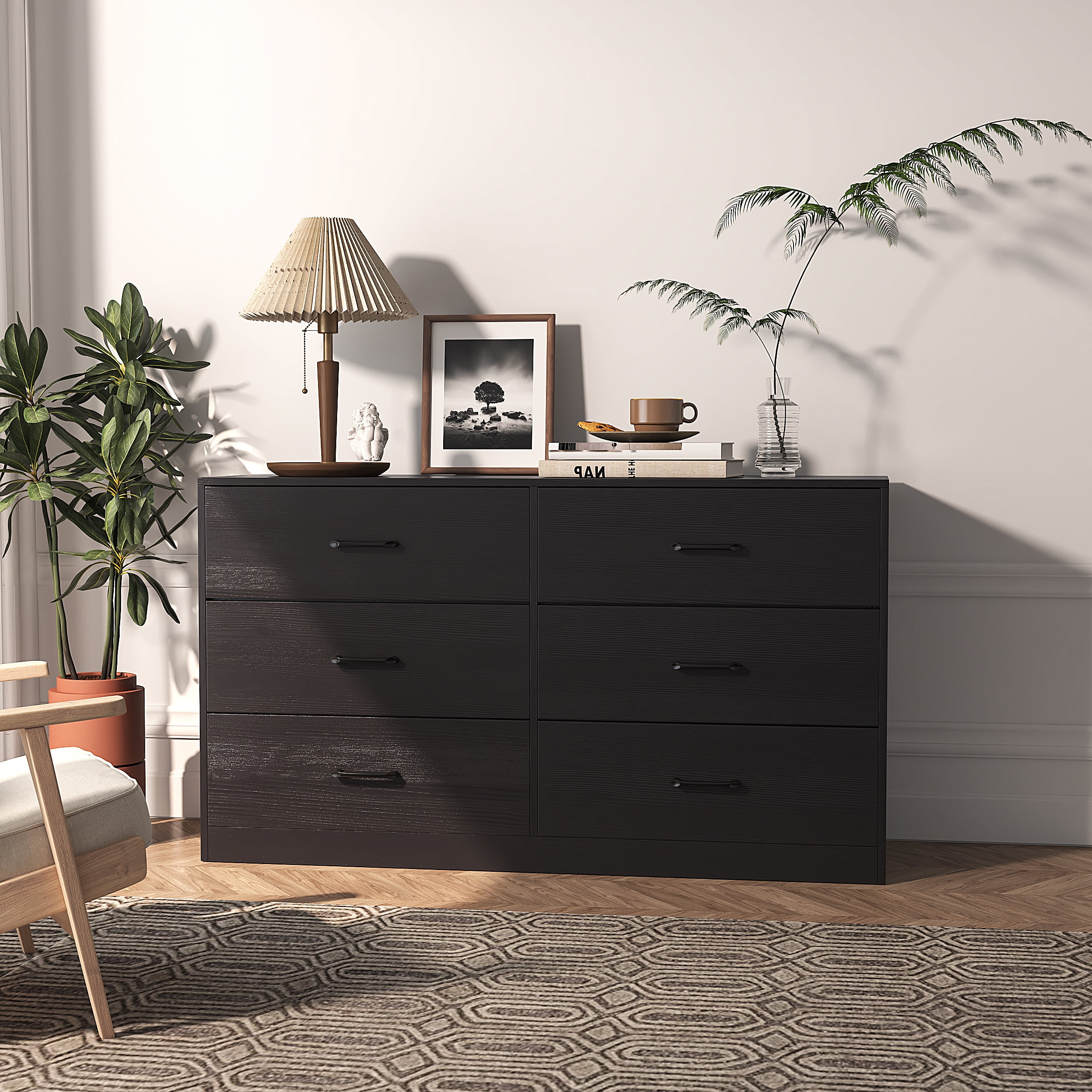 Oufan 6 Drawer Dresser for Bedroom, Modern Chest of Drawers Wood Storage Cabinet for Living Room Nursery Kitchen Office, Black