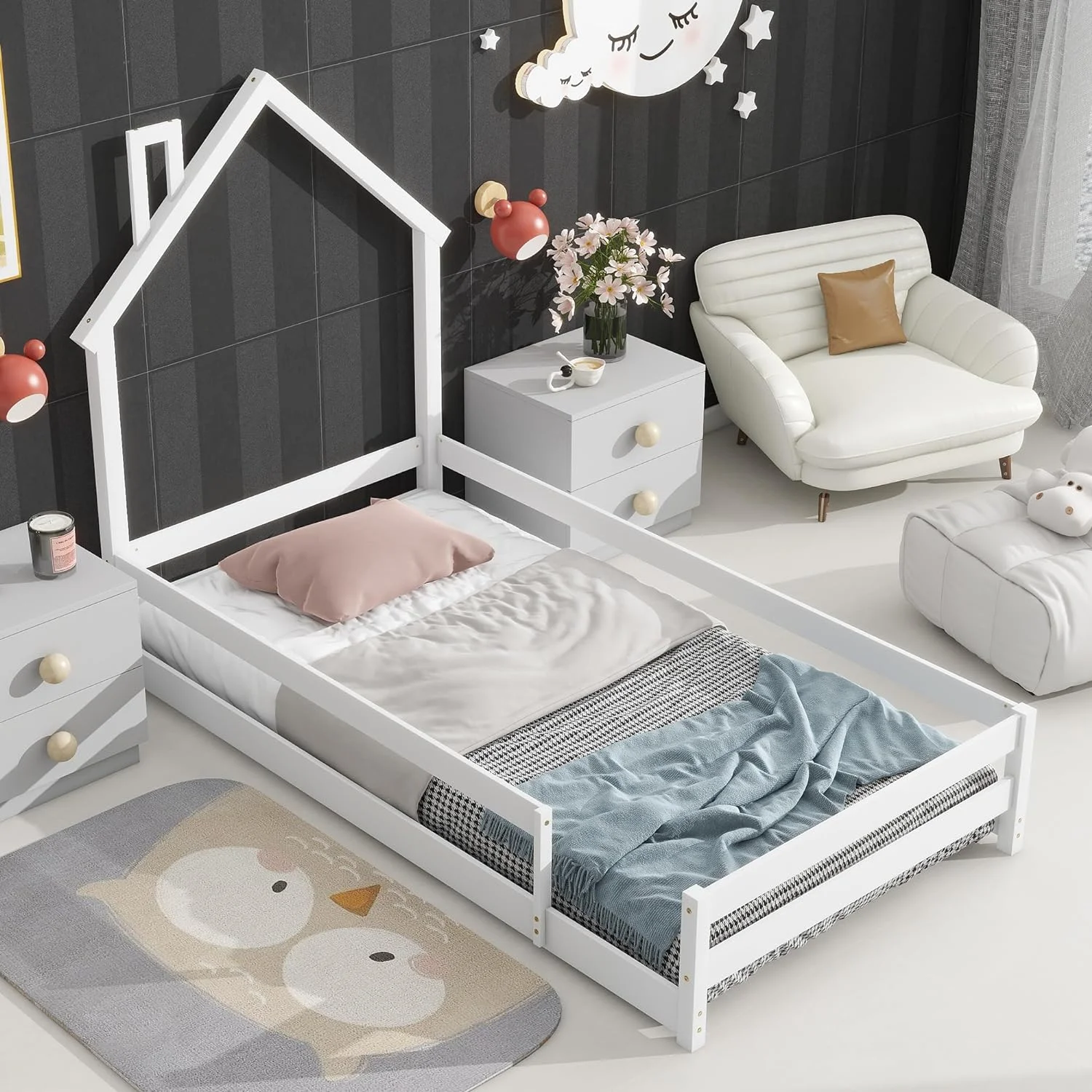 Size Floor Bed Wih Rails, Monessori Floor Bed Wood Frame Wih House-Shaped Headboard, Box Spring Needed, For Kids eens Girls Boys (Whie)