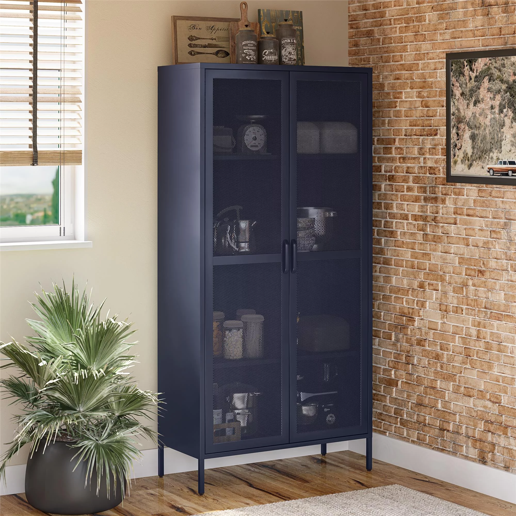 Novogratz Channing Tall 2 Door Storage Cabinet-Mesh Metal Locker, Navy