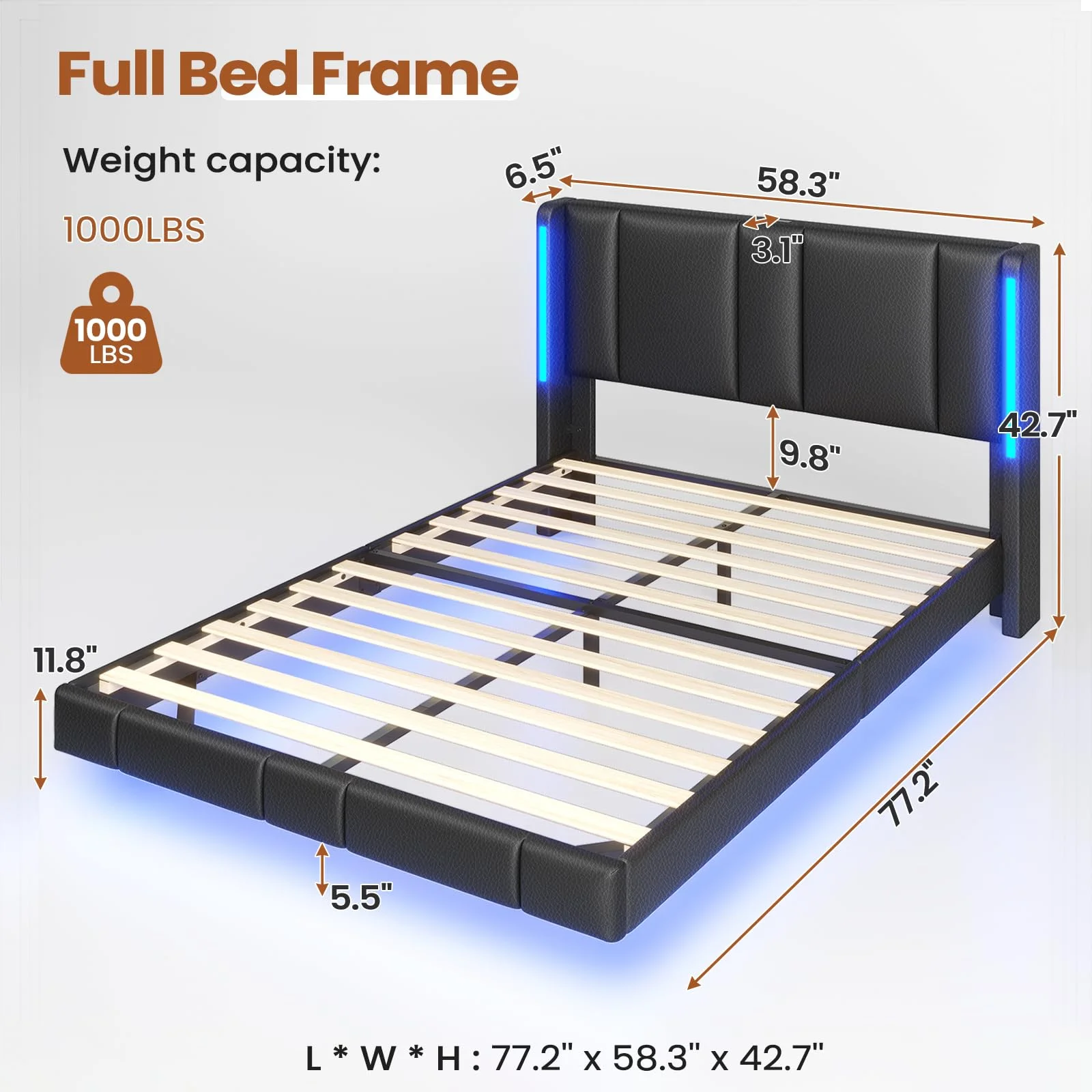 Afuhokles Floating Bed Frame Full Size with LED Lights, Upholstered Platform Bed Frame with Headboard, 2 USB Ports, Visual Floating, Black