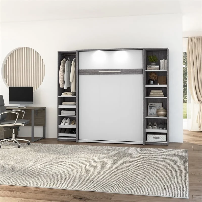 Atlin Designs Wood Full Murphy Bed with Narrow Storage in Bark Gray/White