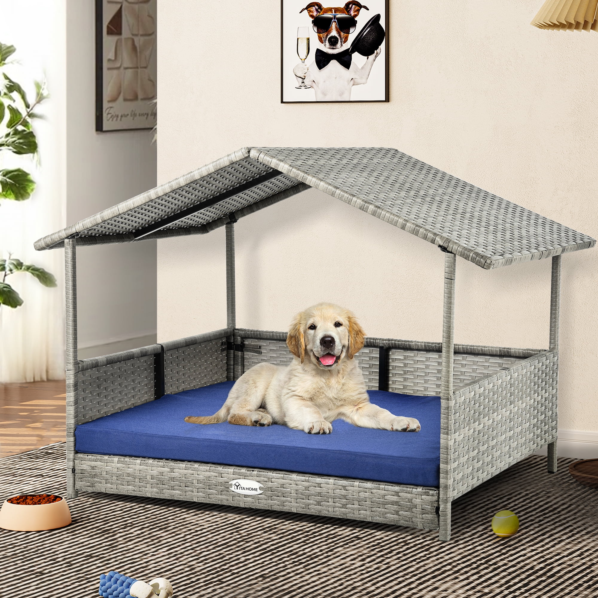 Dextrus 32.9in Outdoor Rattan Doghouse with Canopy, Elevated Water-Resistant Dog Bed with Blue Cushion for Small, Medium, and Large Dogs