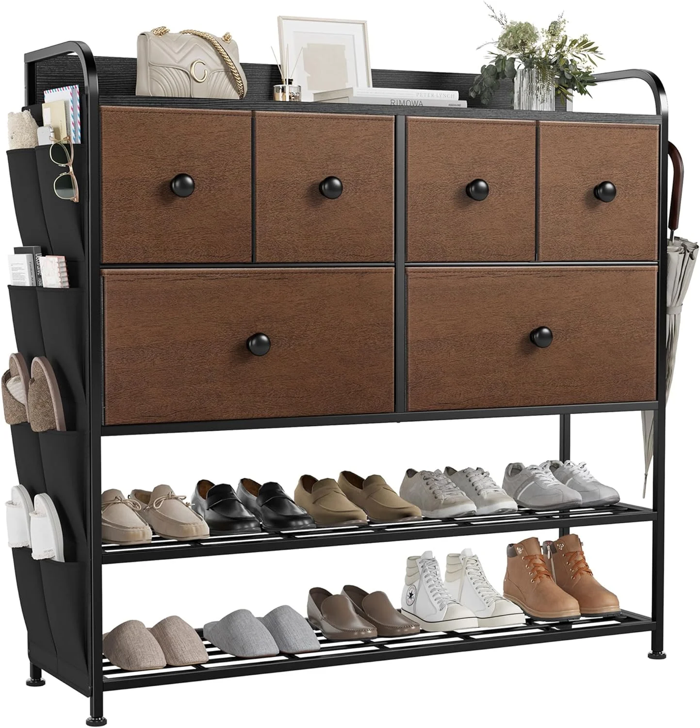 6 Fabric Drawer Dresser With 2-Tier Shoe Display Shelf & Side Pockets For Living Room, Bedroom, Hallway, Or Entryway Organization, Espresso