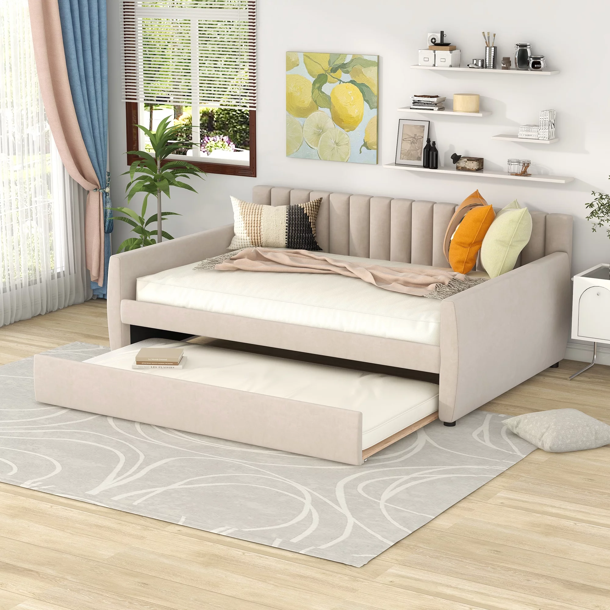 Upholstered Daybed Full Size, Upholstered in Selected Velvet Fabric, Sofa Bed Frame Made of Sturdy Plywood with Trundle and Wooden slats for Bedroom Living Room (Beige,Full)