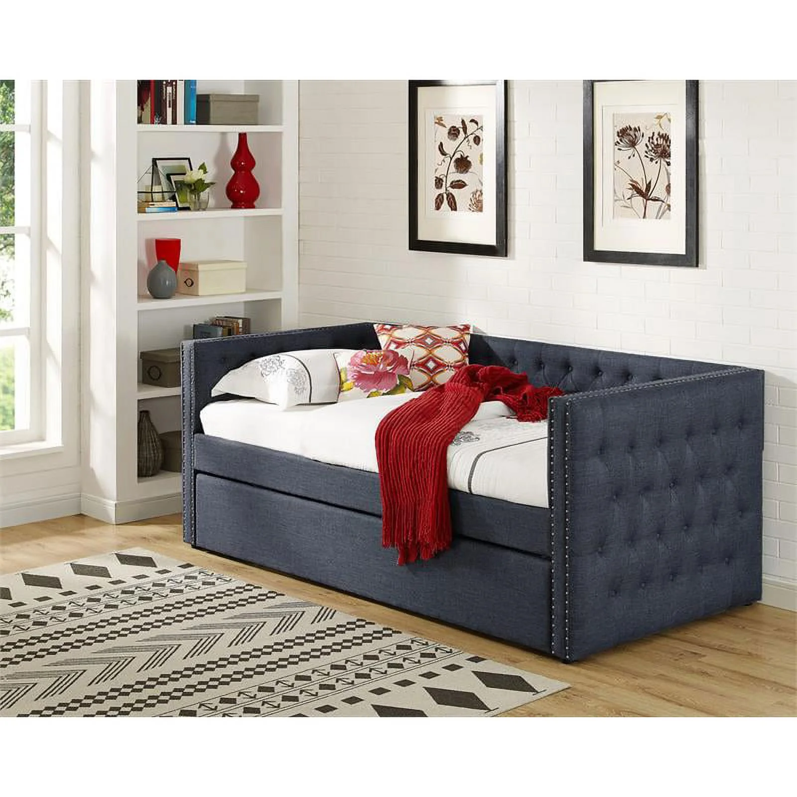 Bowery Hill Tufted Fabric with Nailhead Twin Daybed and Trundle in Trina Gray