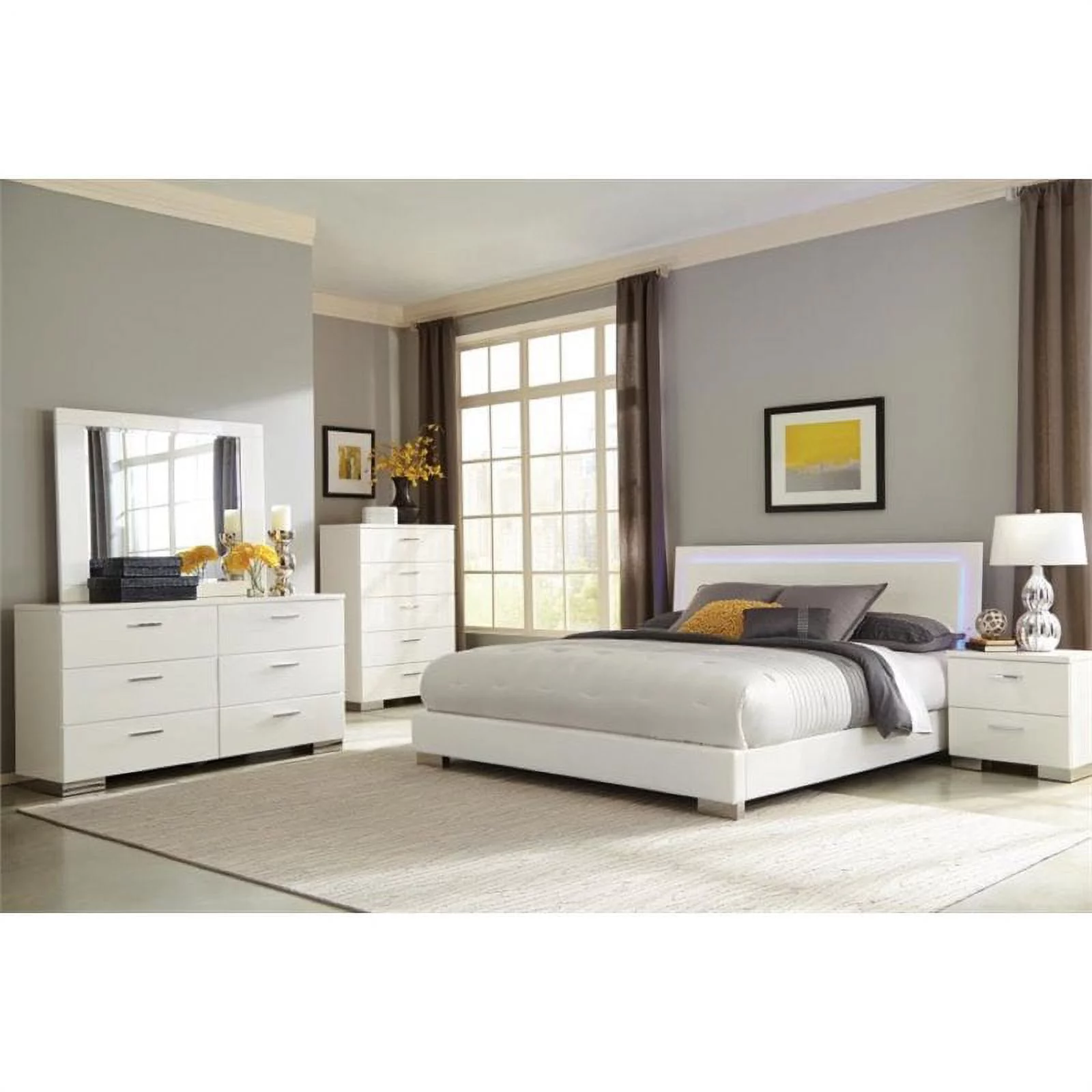 Felicity 4-piece Eastern King Bedroom Set with LED Headboard Glossy White