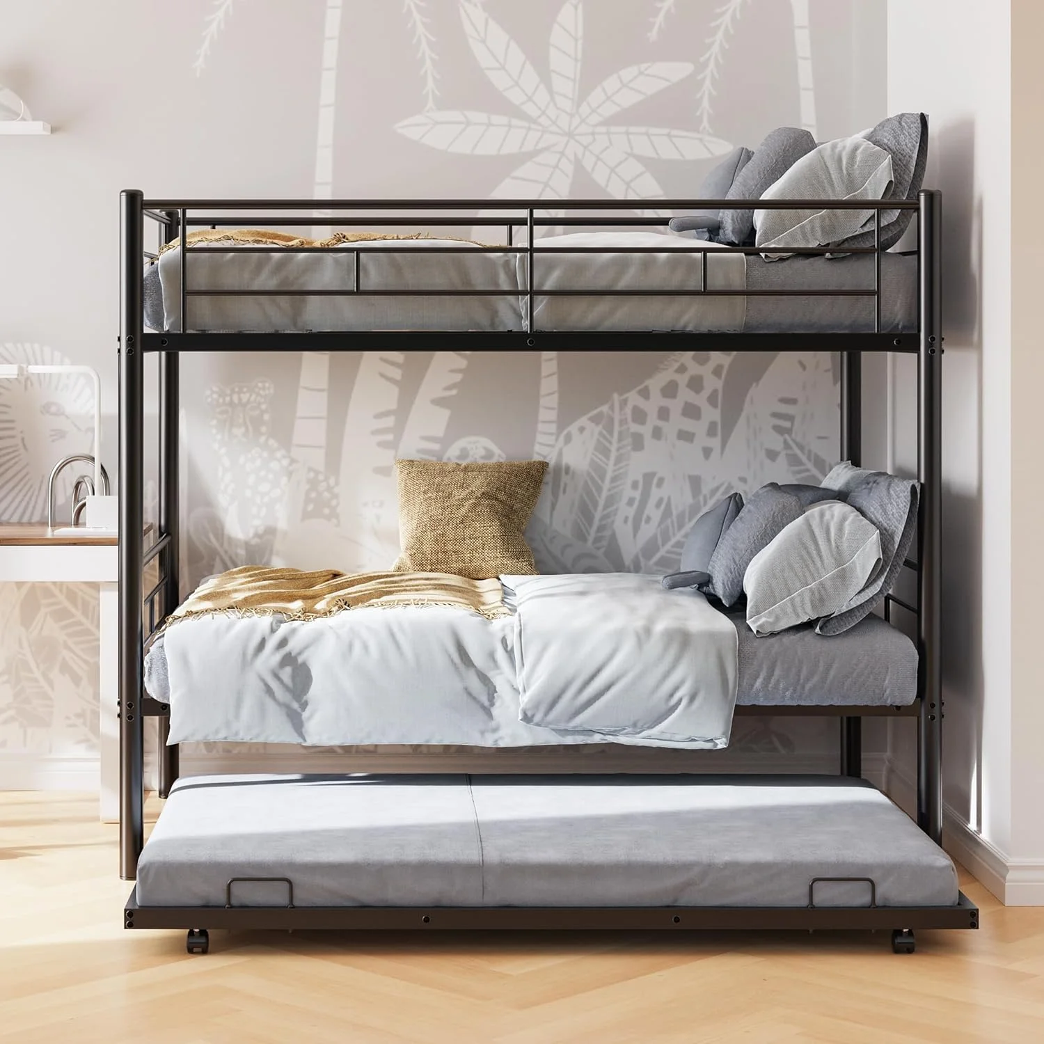 OUWI Twin Over Twin Bunk Bed with Trundle&Ladder,Sturdy Steel Bedframe w/Guardrail for Adult,Kids Bedroom,Space Saving Design,No Box Spring Needed,Black
