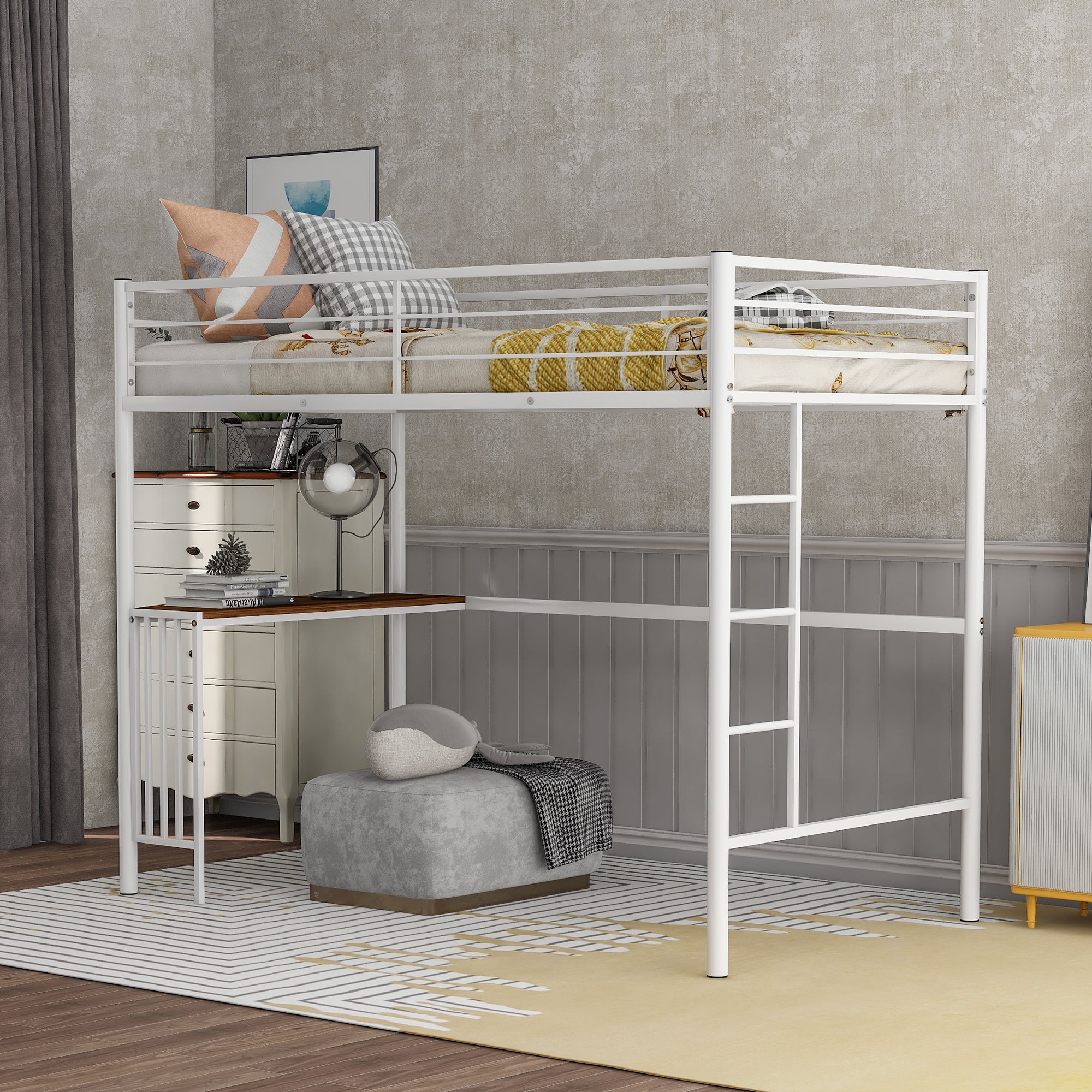 Twin Metal Loft Bed with Desk Build-in Ladders and Full-Length Guardrails, Space-Saving Design for Kids, Toddlers, Boys and Girls Bedroom No Box Spring Needed