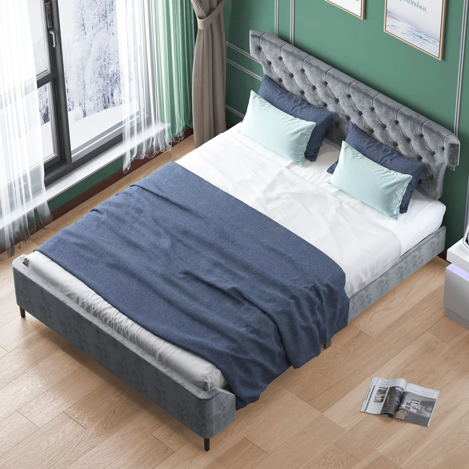 Muzz Modern King Size Platform Bed Frame with Tufted Curved Back Headboard, Upholstered Dutch Velvet Bed Frame, Wood Slat Support/Easy Assembly/No Mattress (Silver Grey, King)