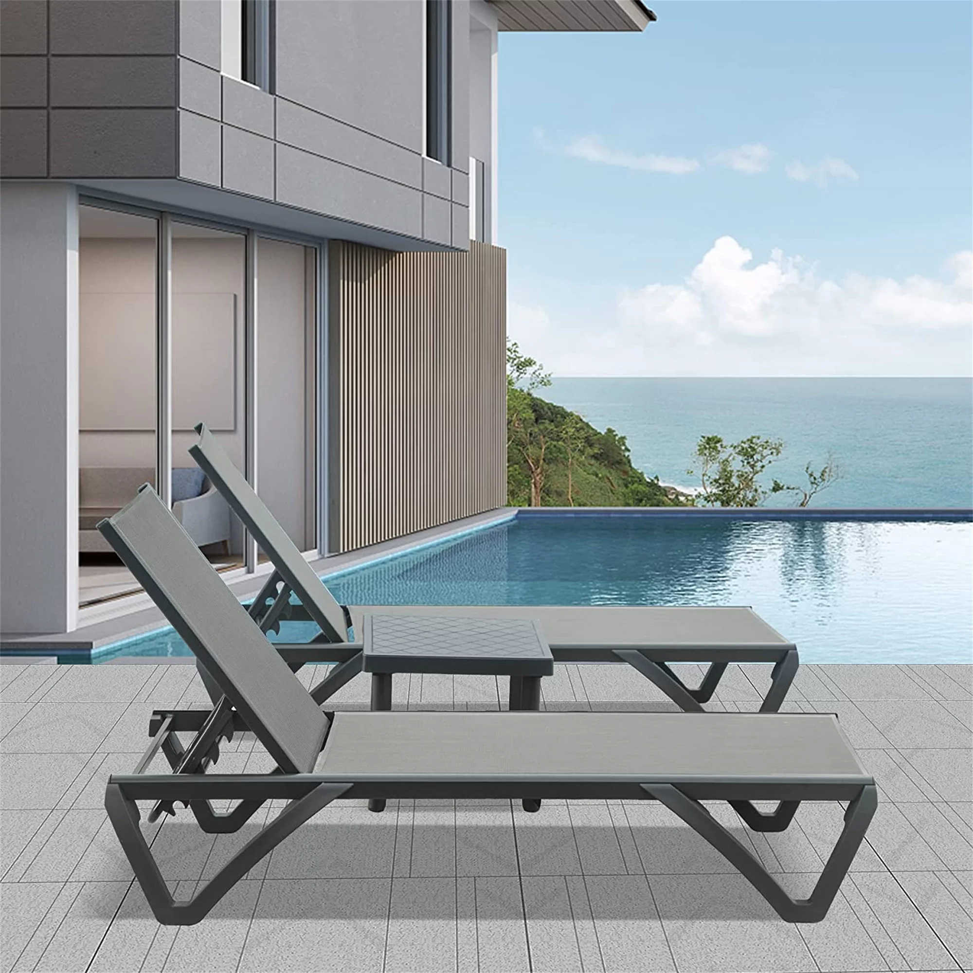 Patio Chaise Lounge Chair Set of 3,Outdoor Aluminum Polypropylene Sunbathing Chair with 5 Adjustable Position,Side Table for Beach,Yard,Balcony,Poolside(2 Grey Chairs W/Table)