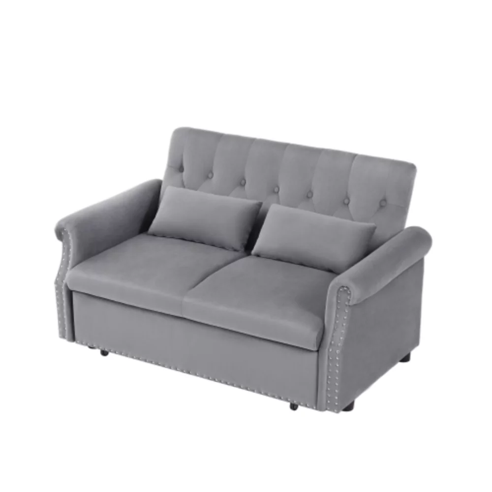 55'' Modern Shiny Velvet Convertible Loveseat Sleeper Sofa Couch w/ 2 Lumbar Pillows, Adjustable Pull-Out Bed and Removable Armrest for Nursery, Living Room, Apartment, Home Office