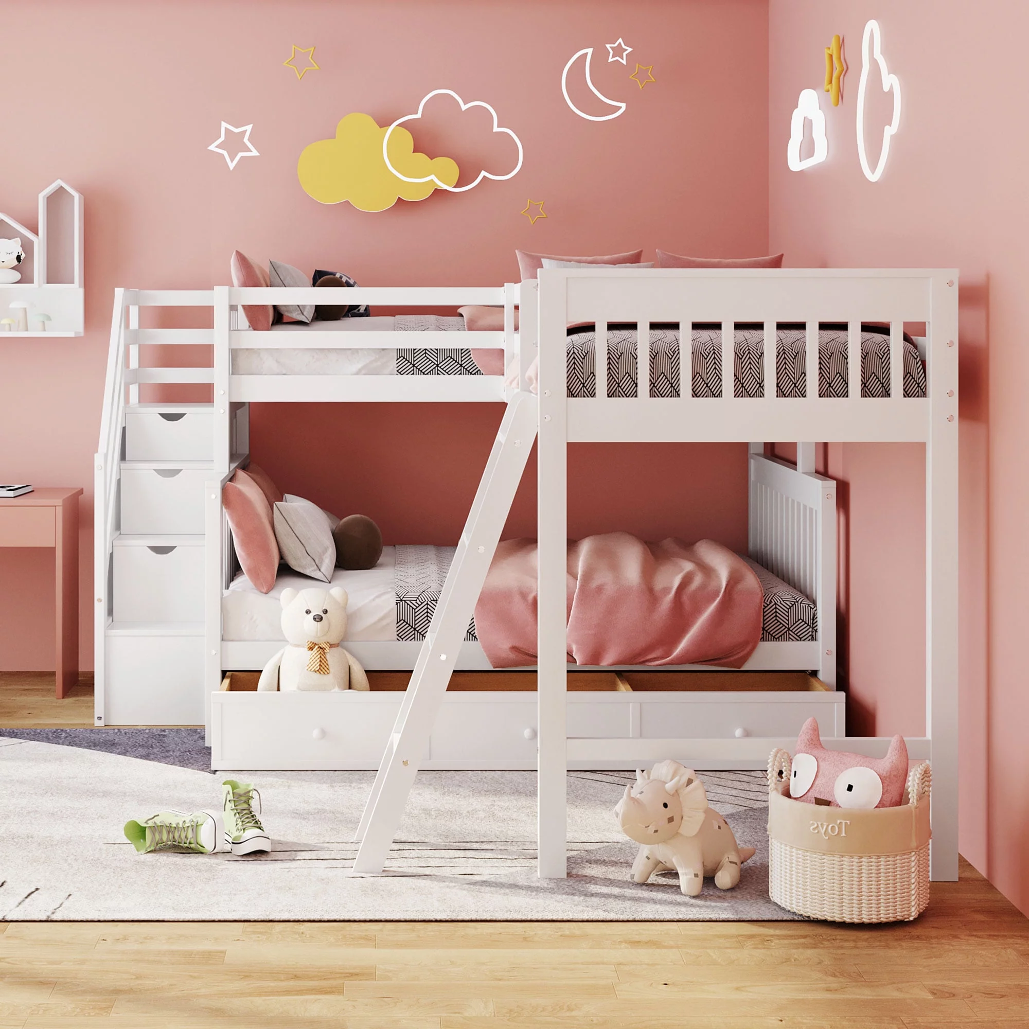 Twin over Full L-Shaped Bunk Bed With 3 Drawers, Ladder and Staircase - White