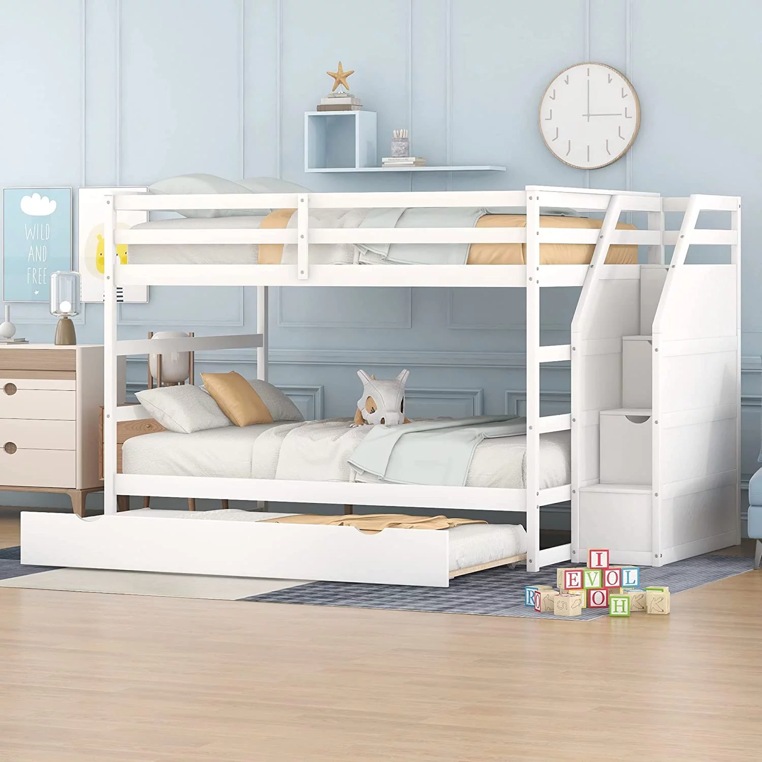 Full Over Full Bunk Bed With Size Trundle And 3 Storage Stairs, Wood Bed Frame For Kids And Adults, Bedroom, Dorm, No Box Spring Required, Easy Assembly(White)