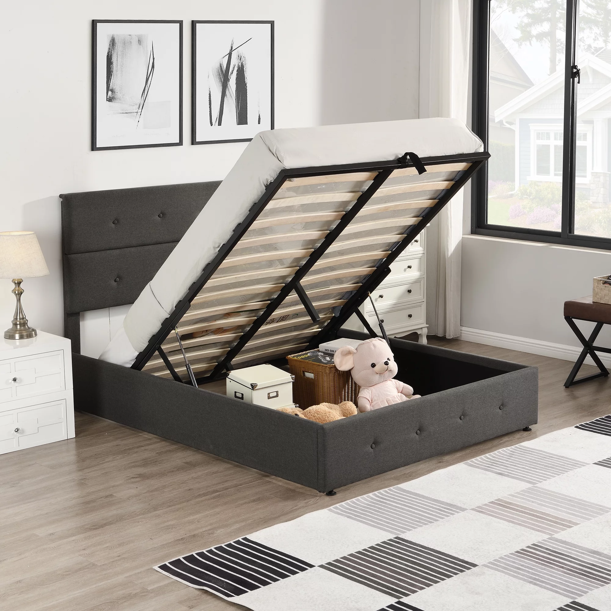 Nestfair Gray Full Size Upholstered Platform Bed with Underneath Storage