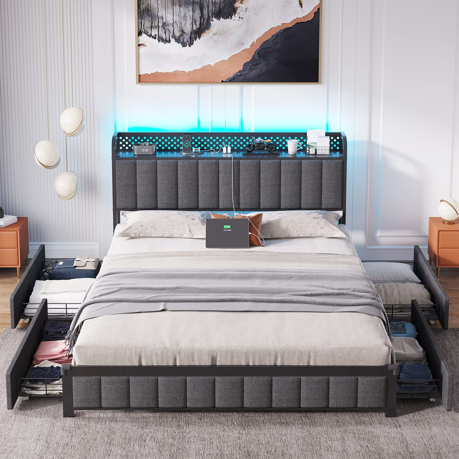 ADORNEVE Queen Bed Frame with LED Headboard and 4 Drawers, Upholstered Metal Platform Bed with USB Ports & Charging Outlets, Verticle Channel Tufting, Dark Gray