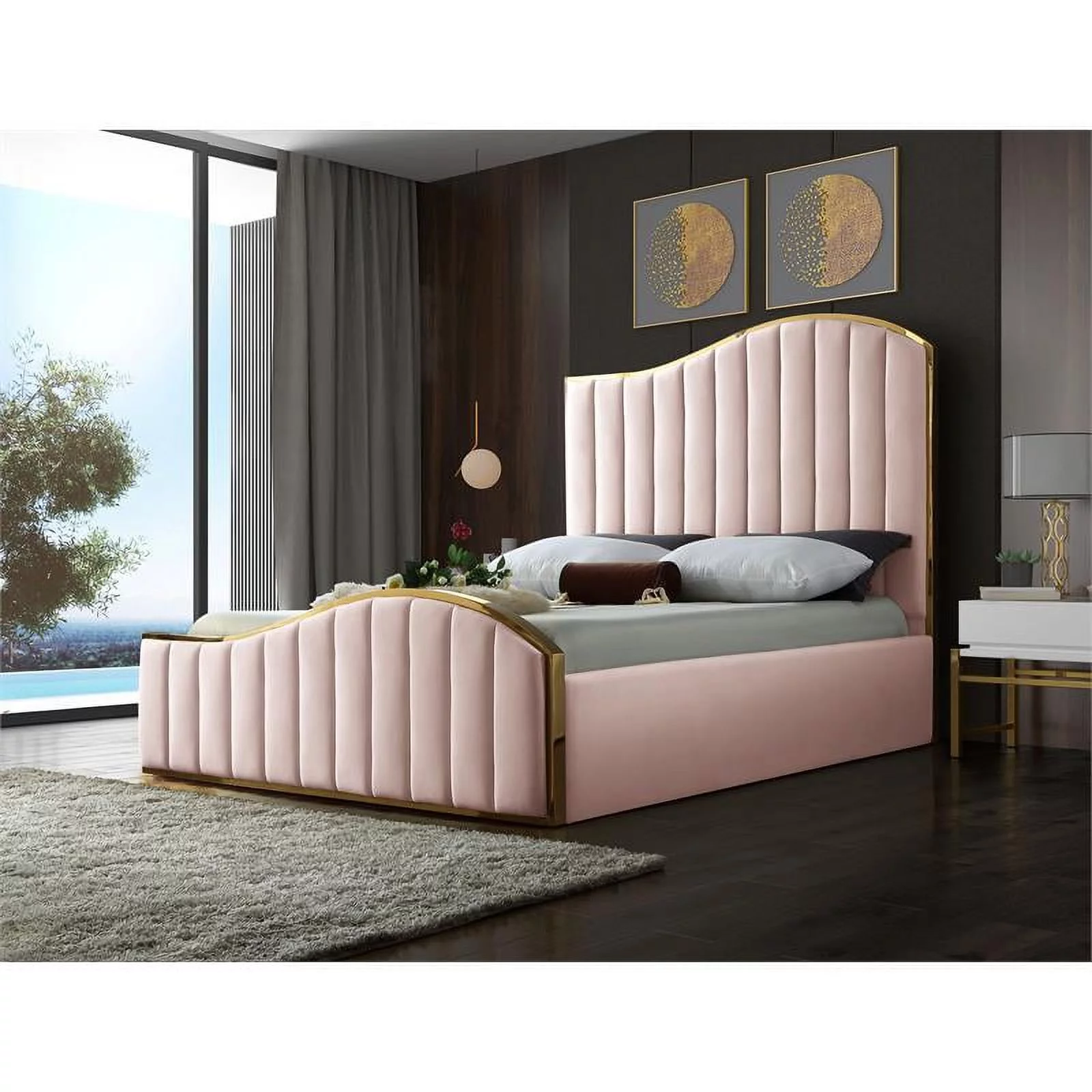 Meridian Furniture Jolie Solid Wood and Velvet King Bed in Pink