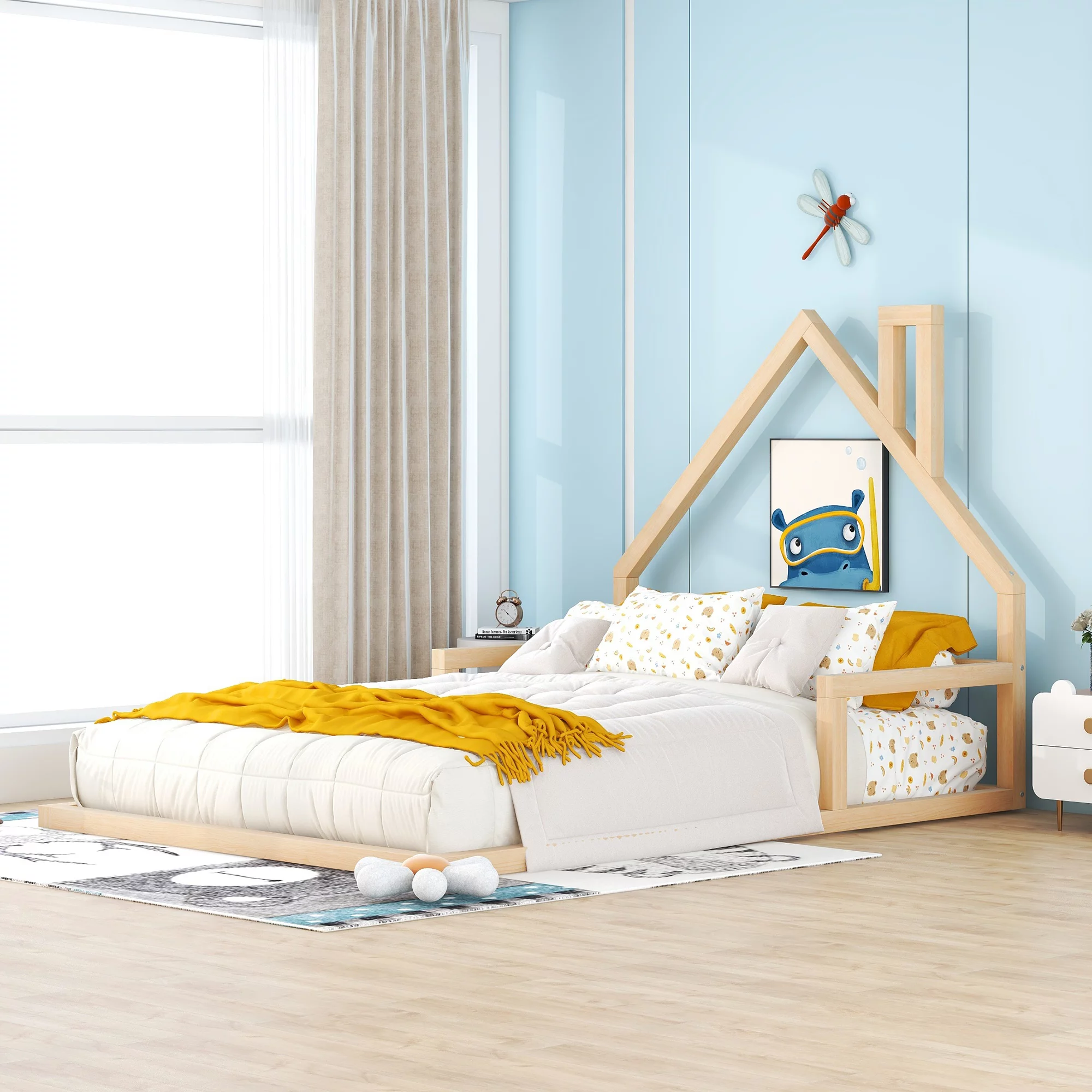 Bellemave Full Size Wood Floor Bed with House-shaped Headboard,Full Bed Frame for Kids,Montessori Floor Bed with Rails for Girls Boys (Full,Natural)