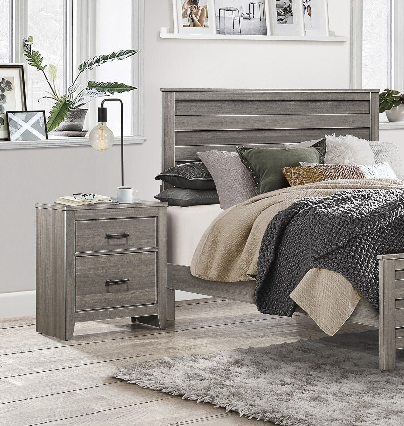 Modern Bedroom 6pc Set Queen Panel Bed Two Nightstands Dresser Mirror Chest Dark Gray Finish Wooden Furniture