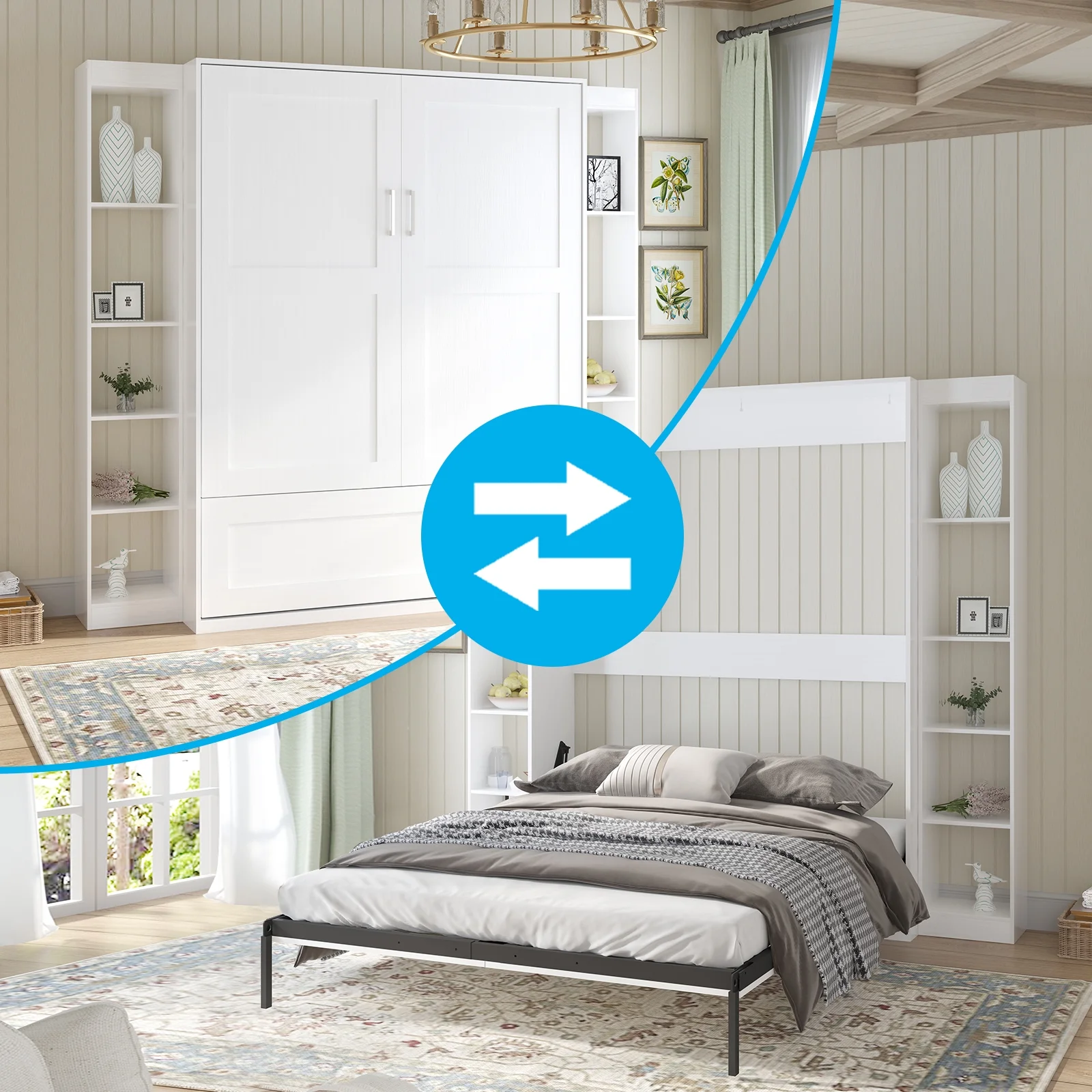 Mjkone Queen Murphy Bed with 2 Side Cabinet, Folding Wall Bed for Bedroom, Fold Up Murphy Bed Cabinet, Queen Murphy Chest Bed Can Be Folded into a Cabinet, Storage Bed (White)