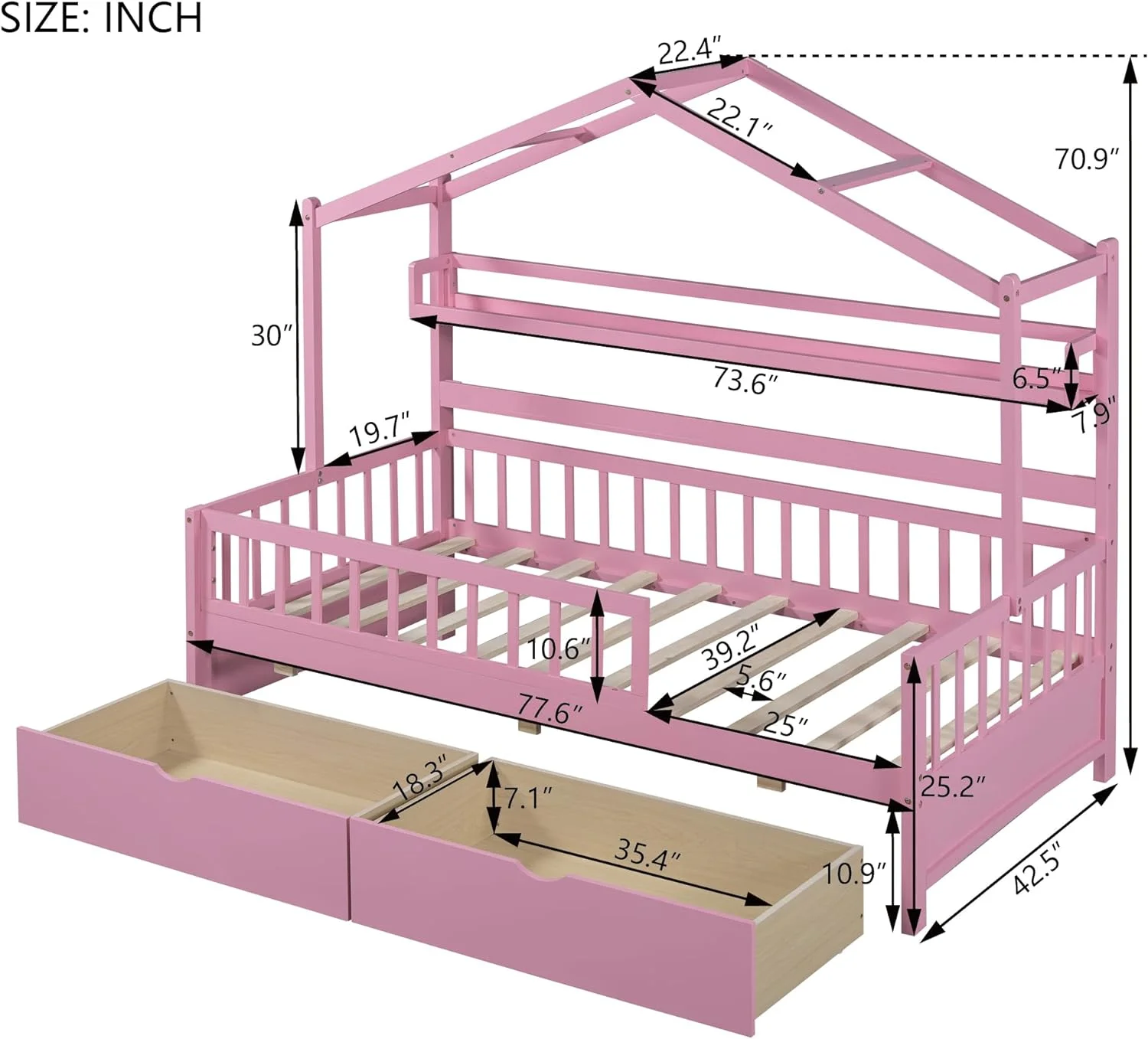 Woode Size House Bed With Storage Shelf Ad Fece, Daybed Platform Frame With 2 Drawers,