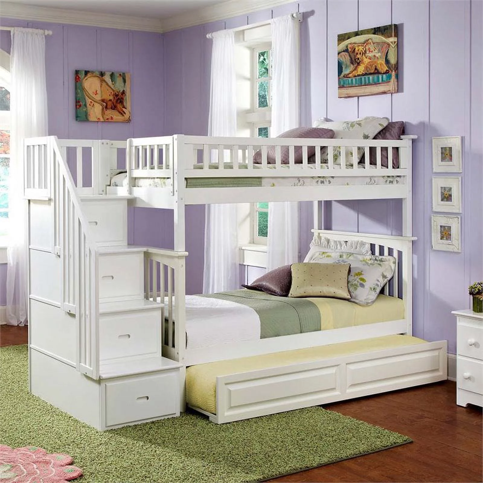 Rosebery Kids Twin over Twin Staircase Bunk Bed with Trundle in White