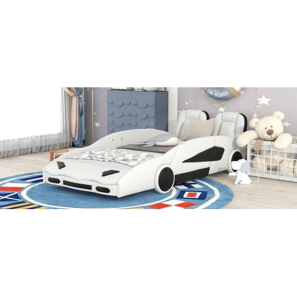 Twin Size Race Car-Shaped Platform Bed with Wheels, White