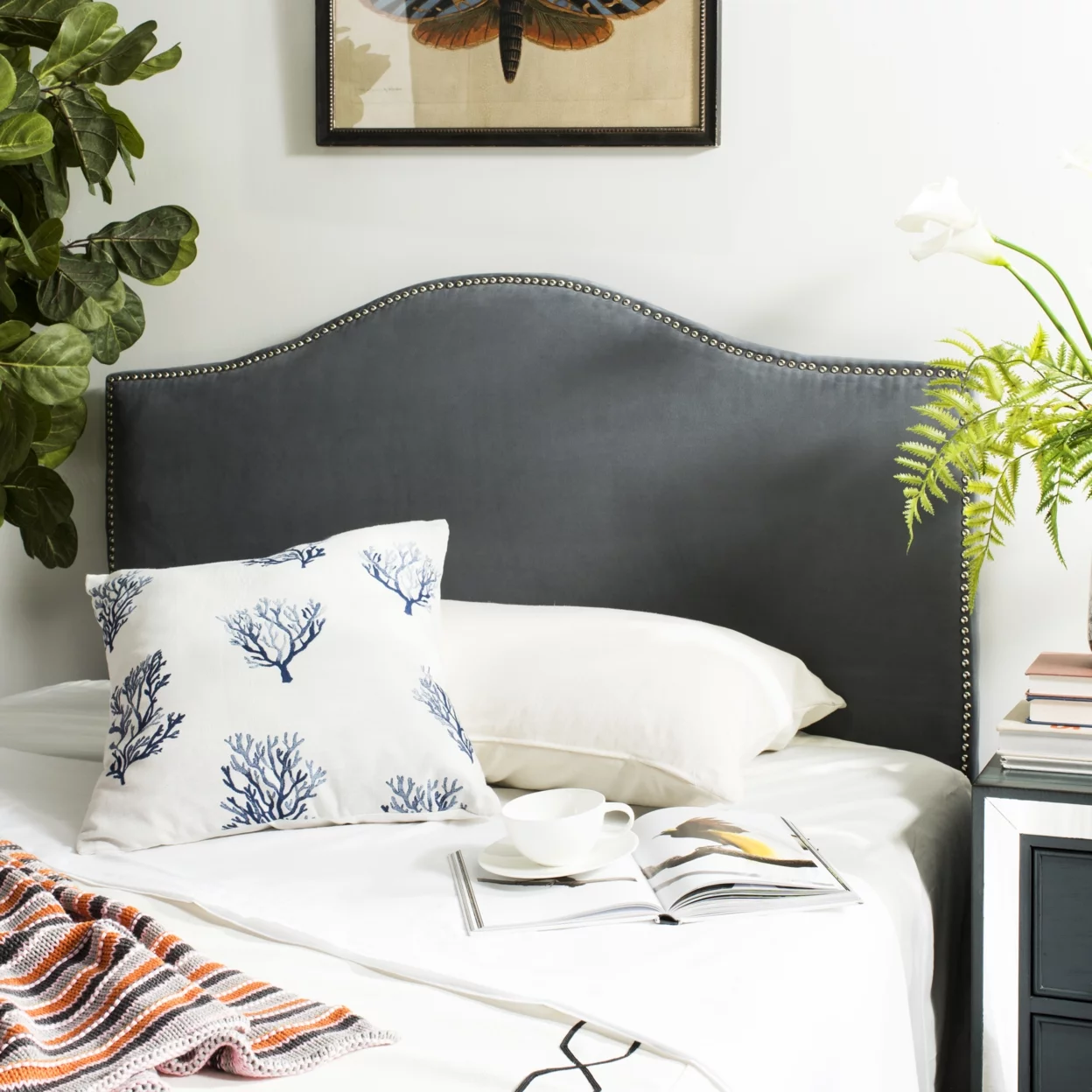 SAFAVIEH Connie Velvet Headboard Silver Nail Head Grey Full
