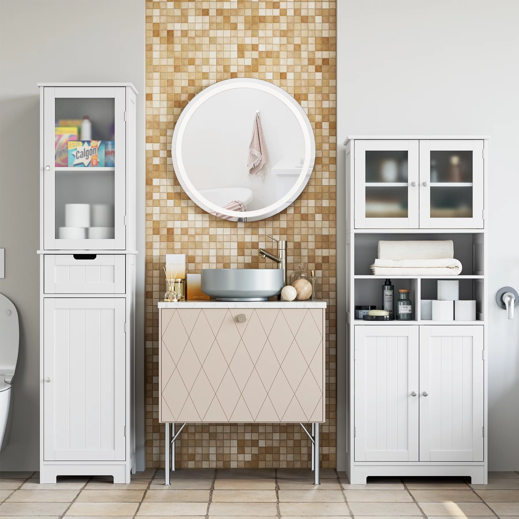 Homfa 58'' Tall Bathroom Cabinet with Doors and Shelves, Kitchen Hutch Linen Cabinet, White