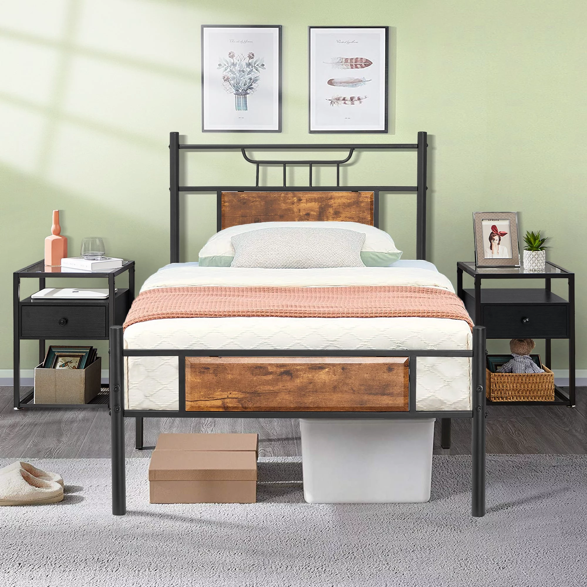 VECELO 3-Piece Twin Bedroom Set, Metal Platform Bed Frame and 2 Glass Top Nightstands