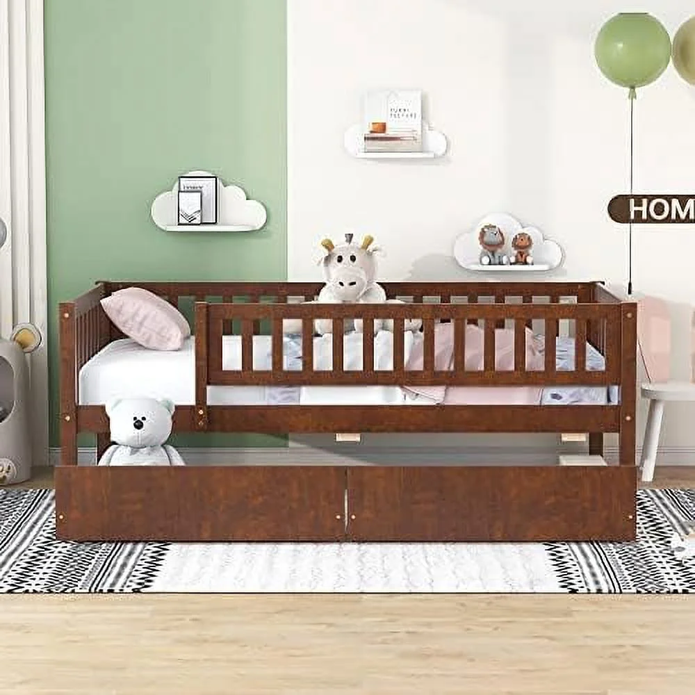 Size Daybed With Drawers, Wood Bed Frame, No Box Spring Needed, Walnut