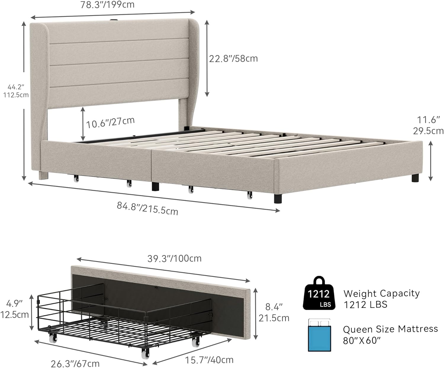 QCAI King Bed Frame with Charging Station, Upholstered Queen Size Platform Bed Frame with 4 Storage Drawers, No Box Spring Needed, Noise-Free (Beige, King)