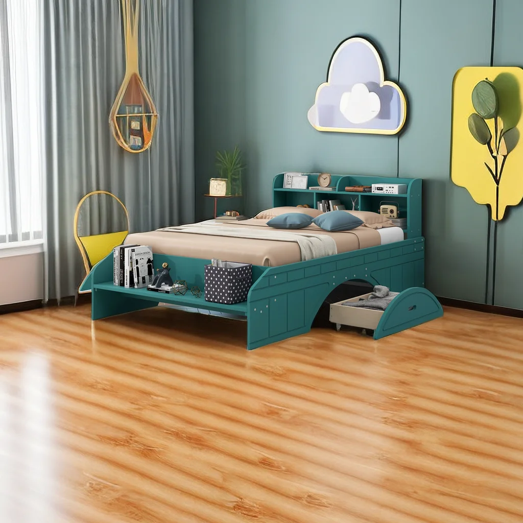 Wood Full Size Bed with Bookcase Headboard, Full Size Platform Bed Frame with 2 Drawers, Storage Headboard and Footboard, No Box Spring Needed
